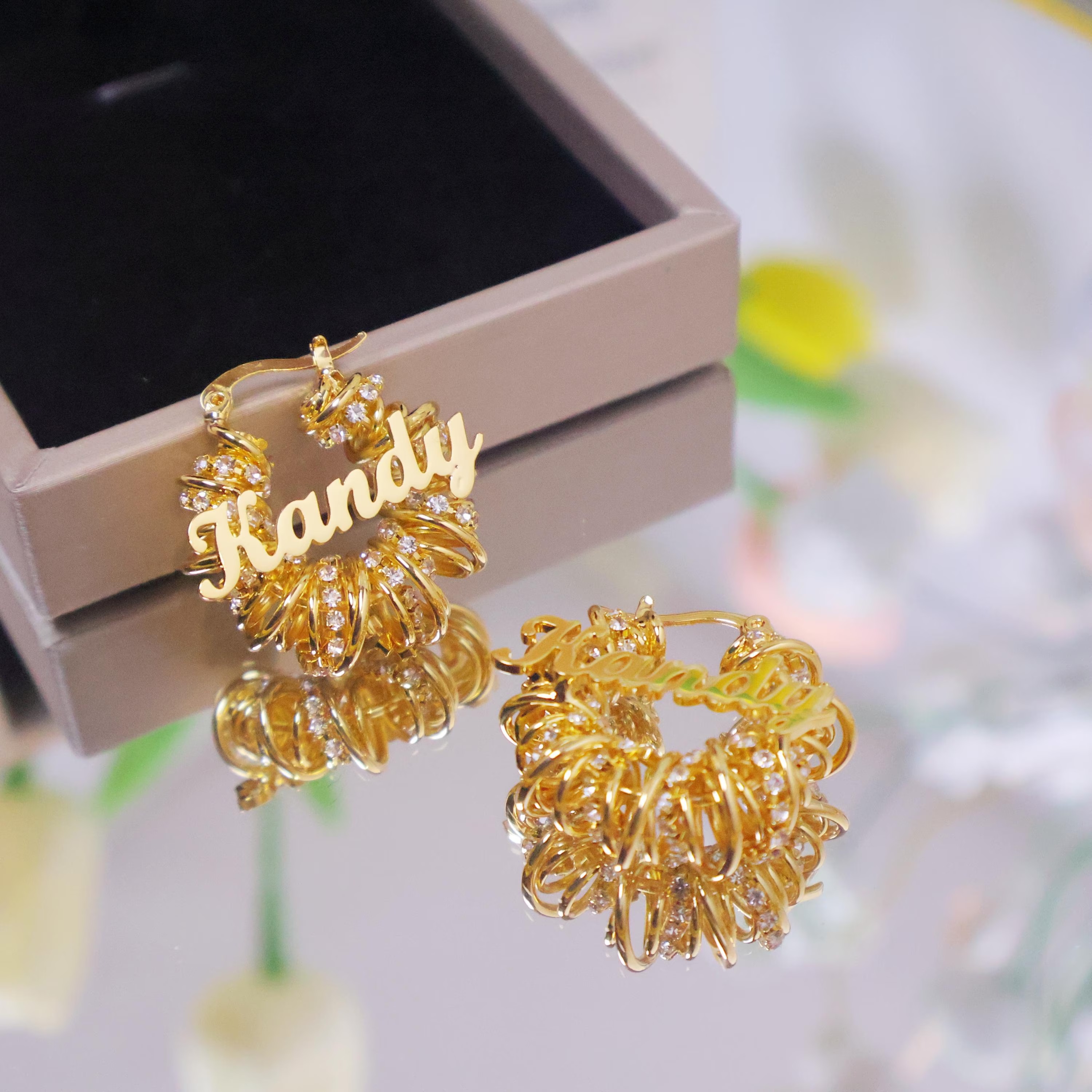 Gold Plated Rhinestones Mini Hoop Name Earrings