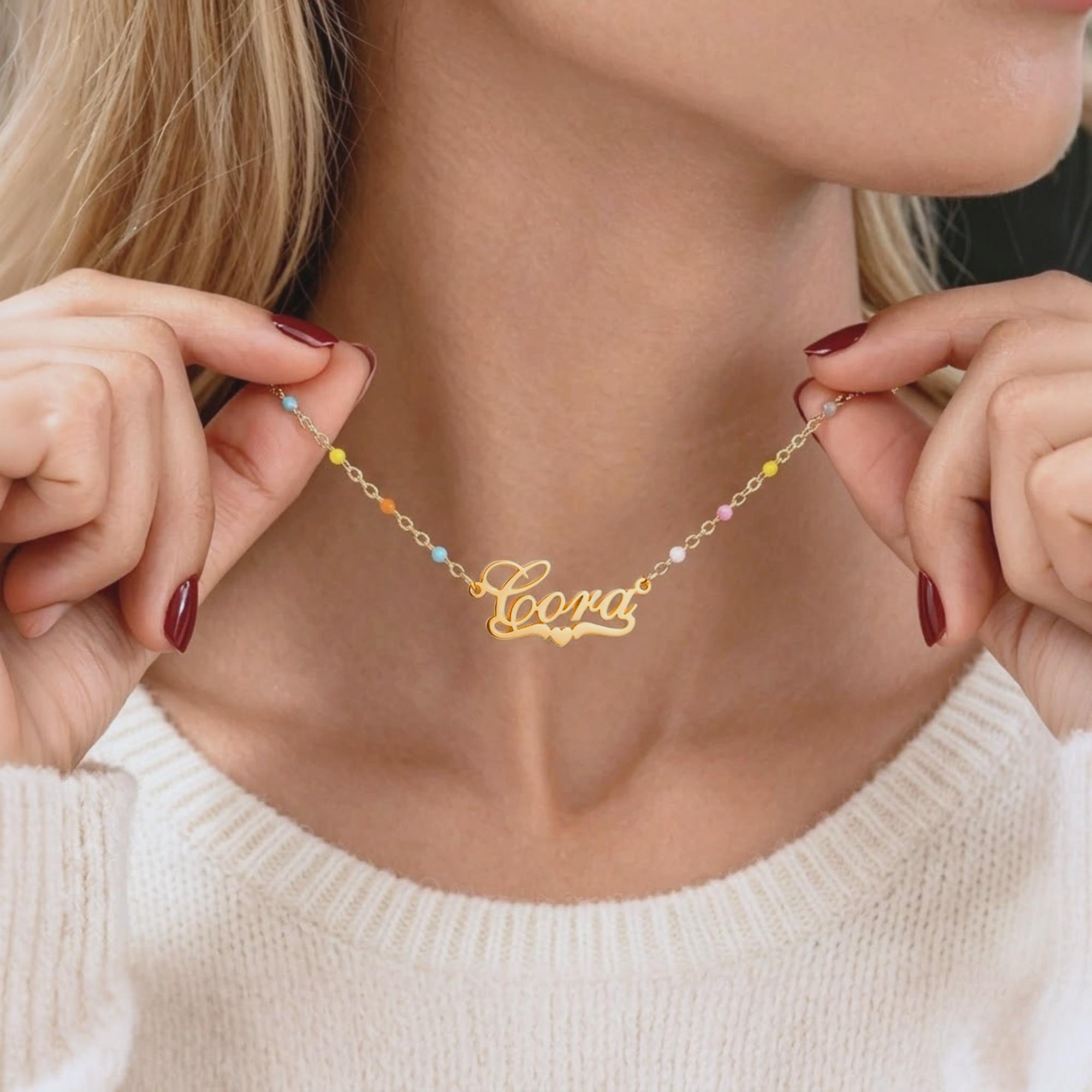 Personalized Name Necklace With Colored Bead Chain