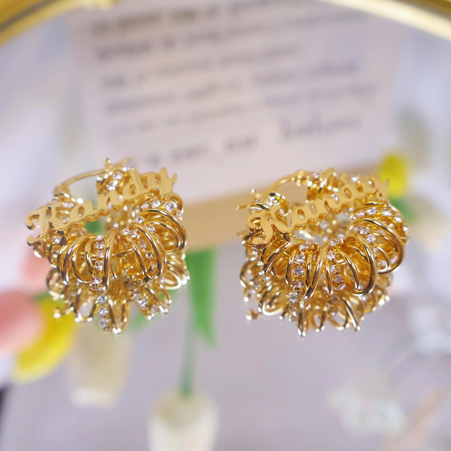 Gold Plated Rhinestones Mini Hoop Name Earrings