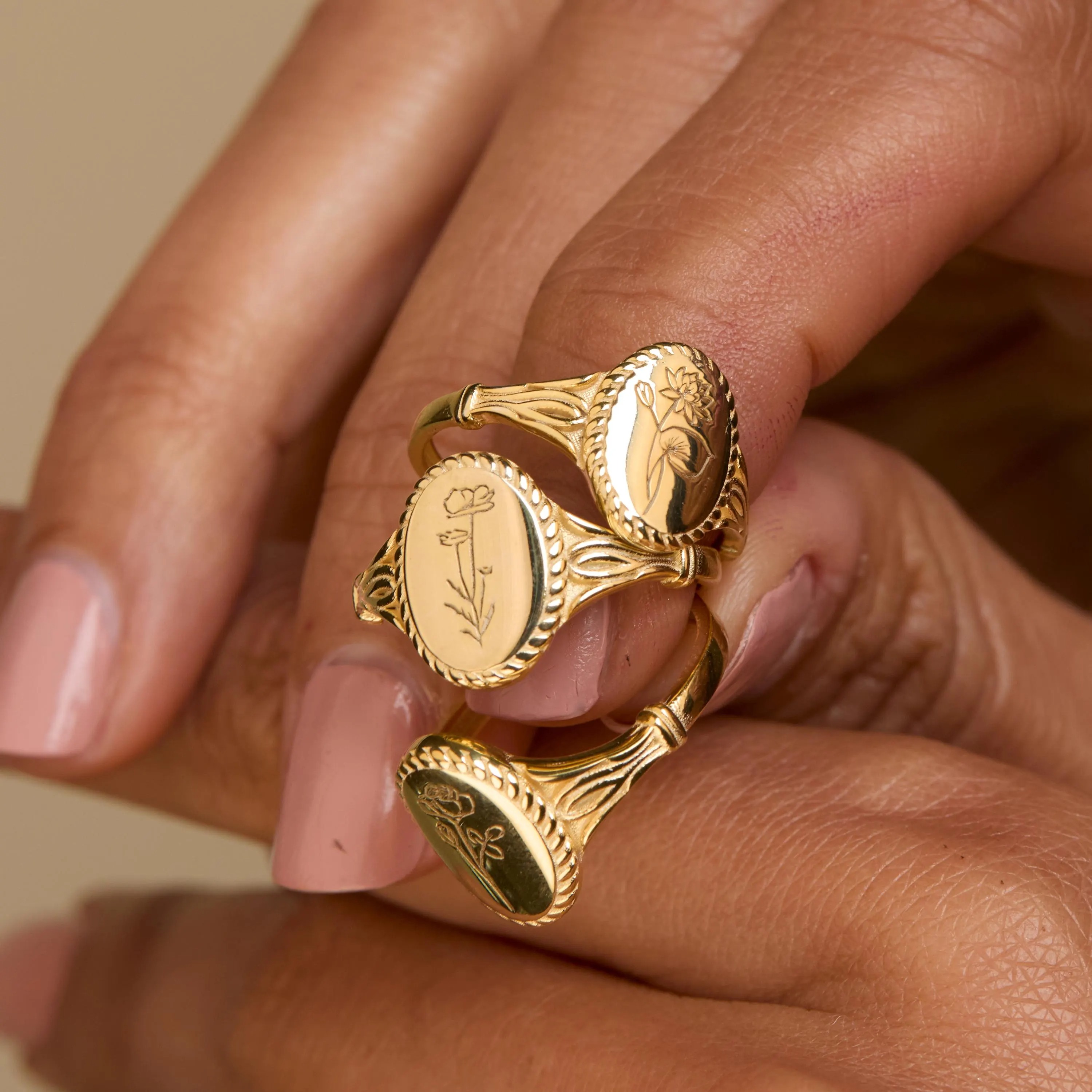 Gold Plated Birth Flower Signet Ring 