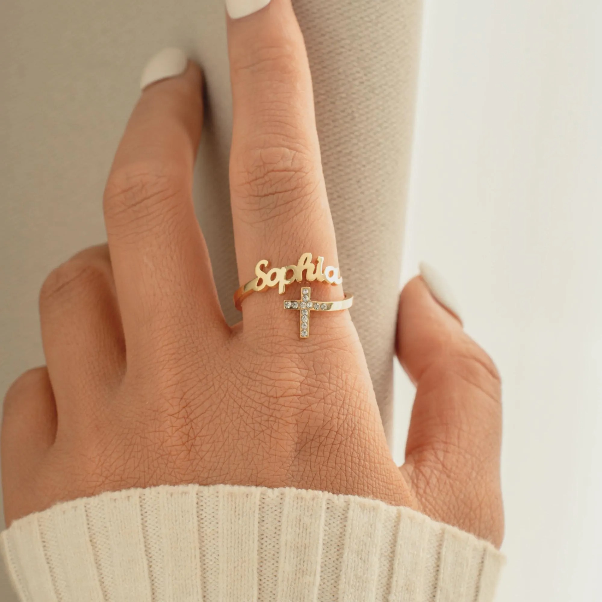Personalized Cross Adjustable Name Ring 