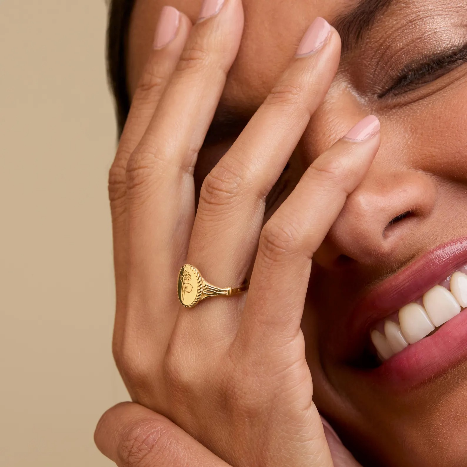 Gold Plated Birth Flower Signet Ring 