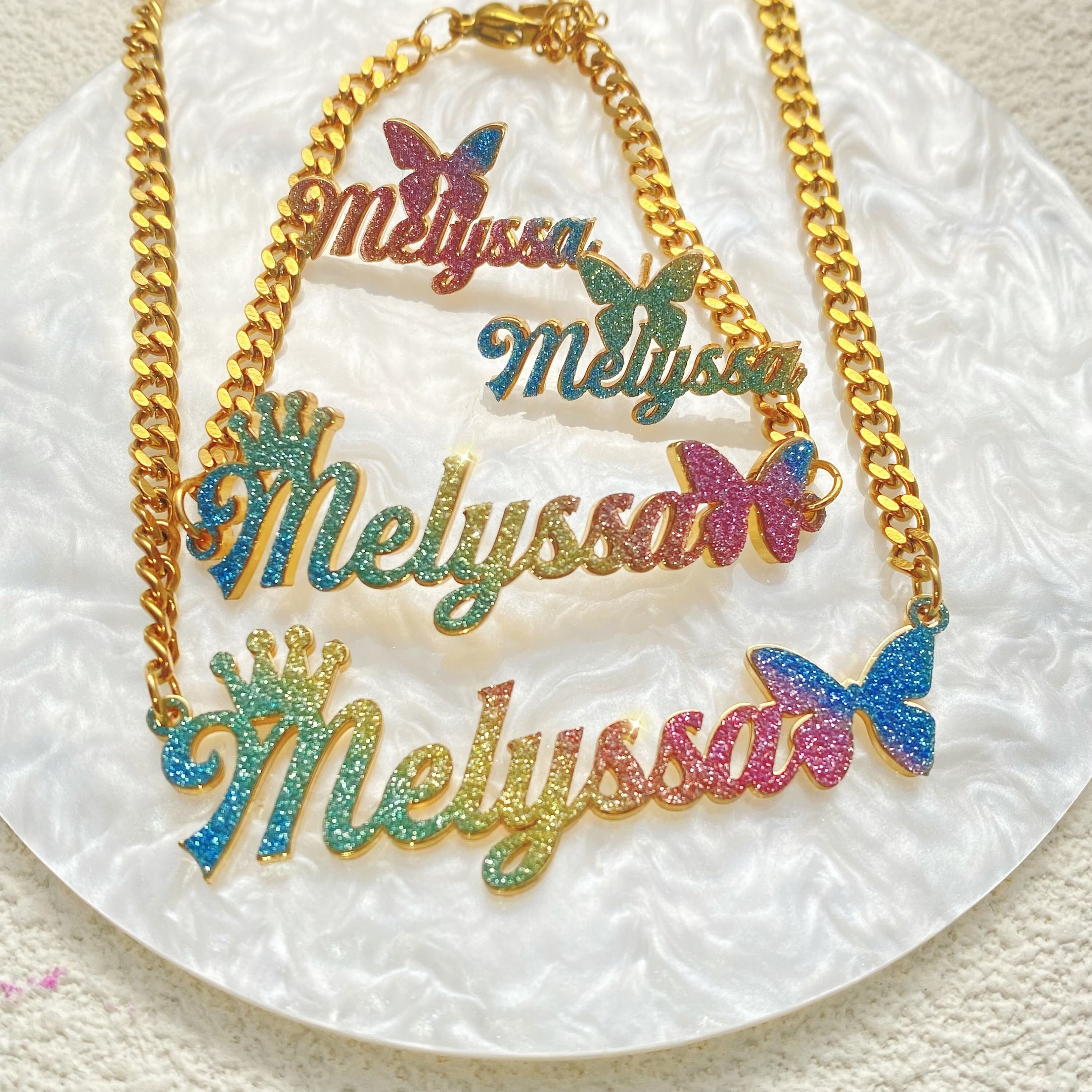 Personalized Baby Kids Bling Colorful Jewelry Set Name Earrings & Necklace & Bracelet