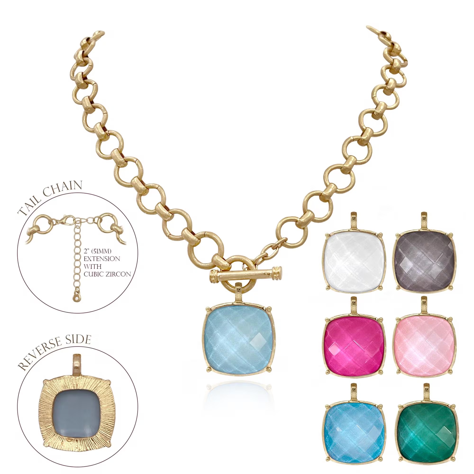 Large Faceted Stone Pendant Toggle Birthstone Necklace