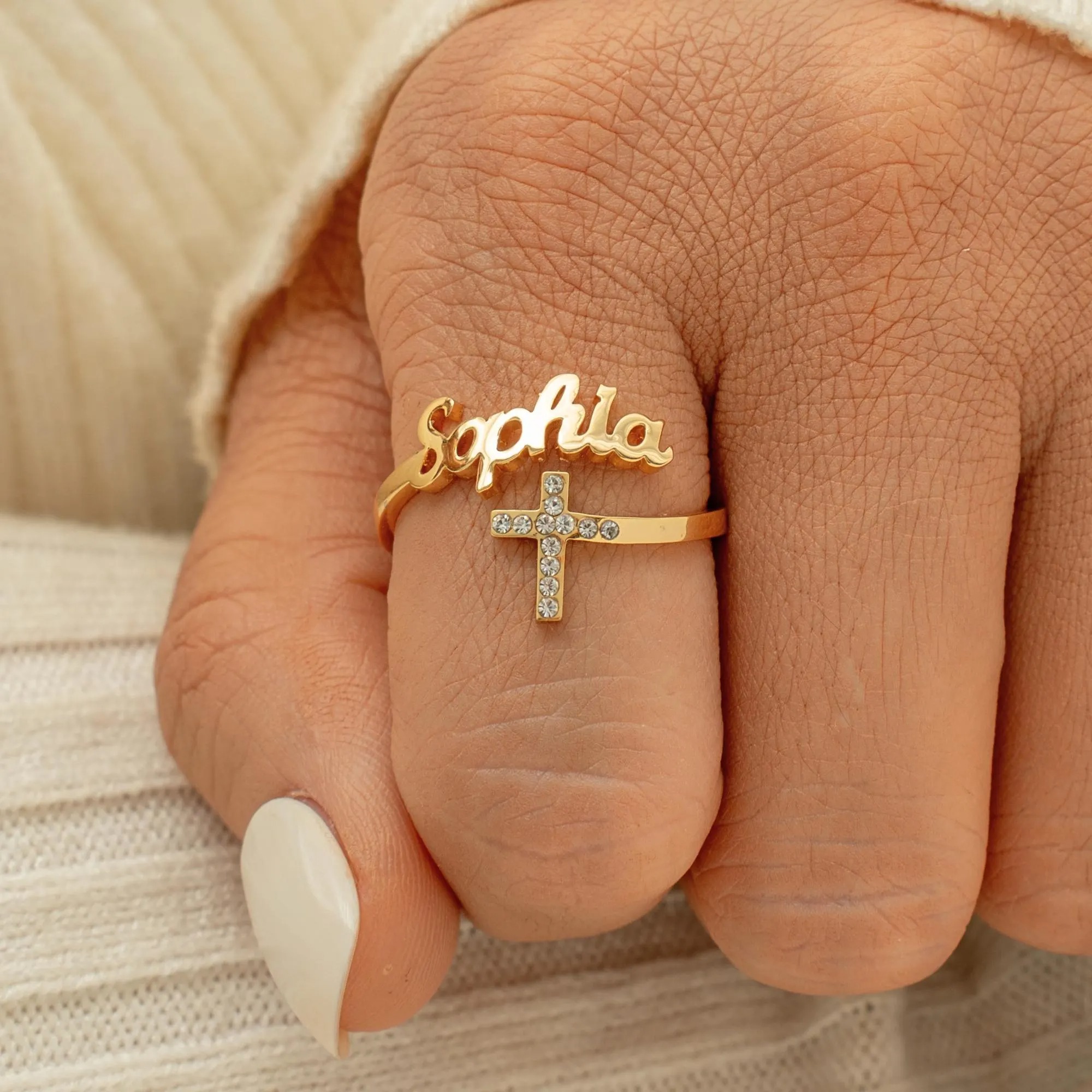 Personalized Cross Adjustable Name Ring 