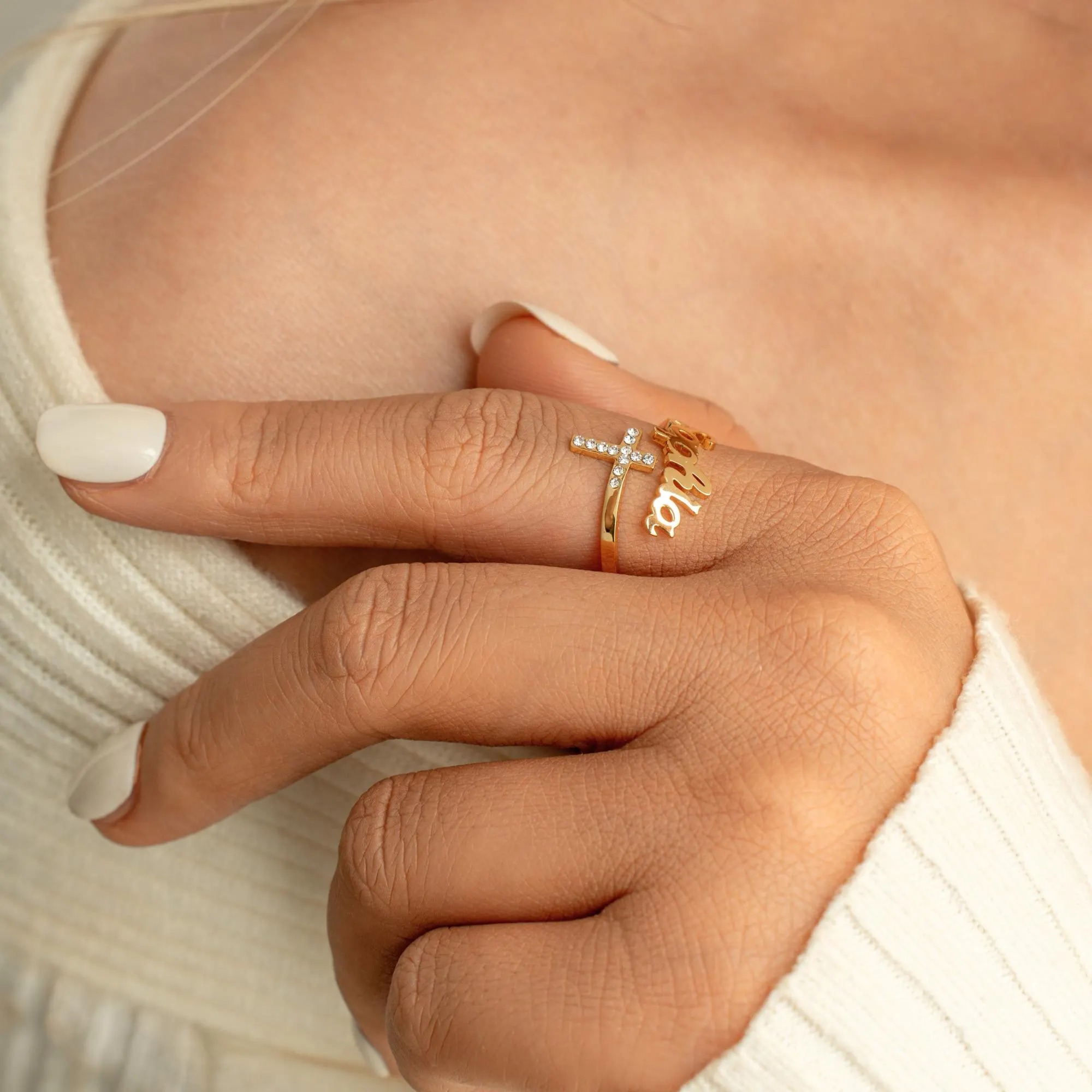 Personalized Cross Adjustable Name Ring 