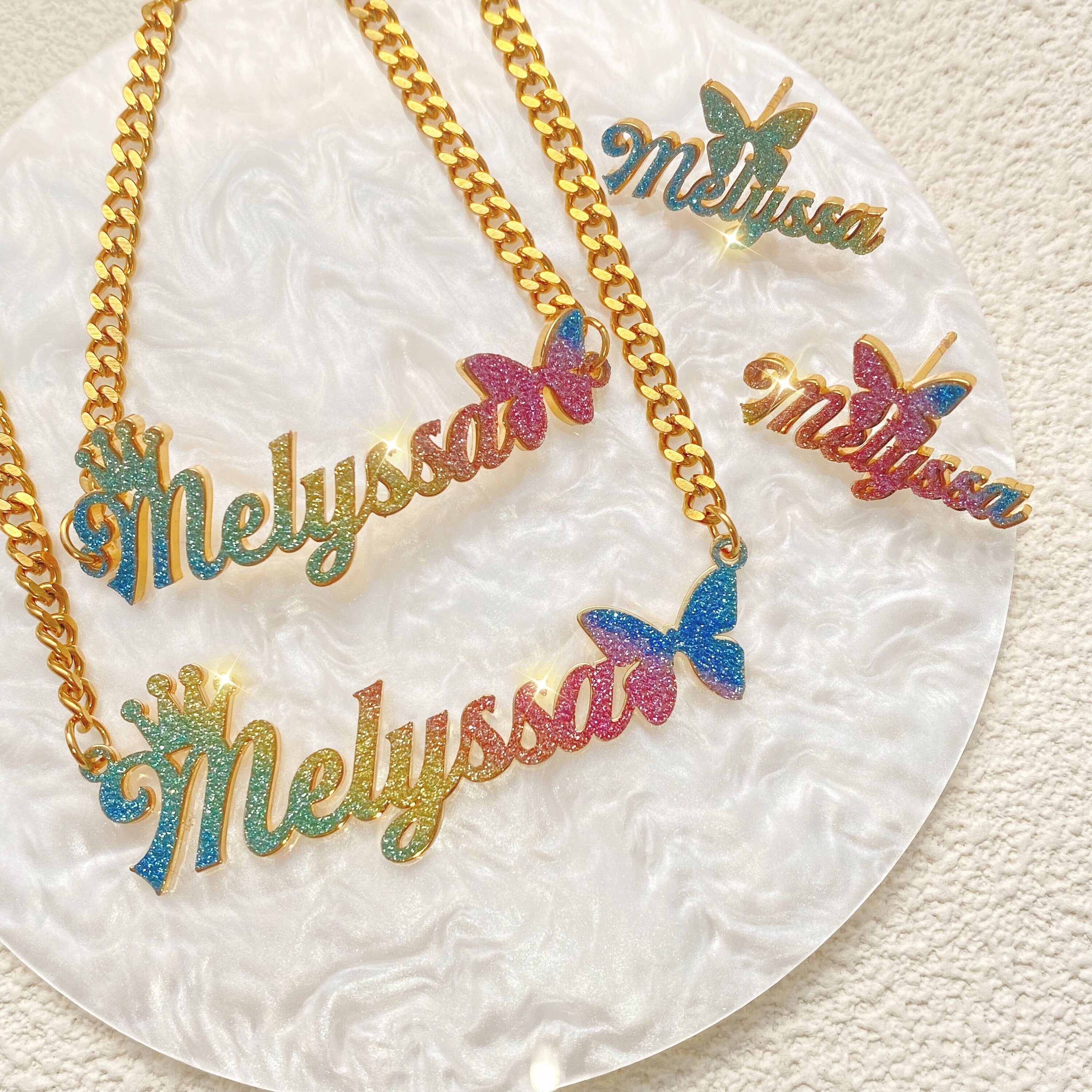 Personalized Baby Kids Bling Colorful Jewelry Set Name Earrings & Necklace & Bracelet