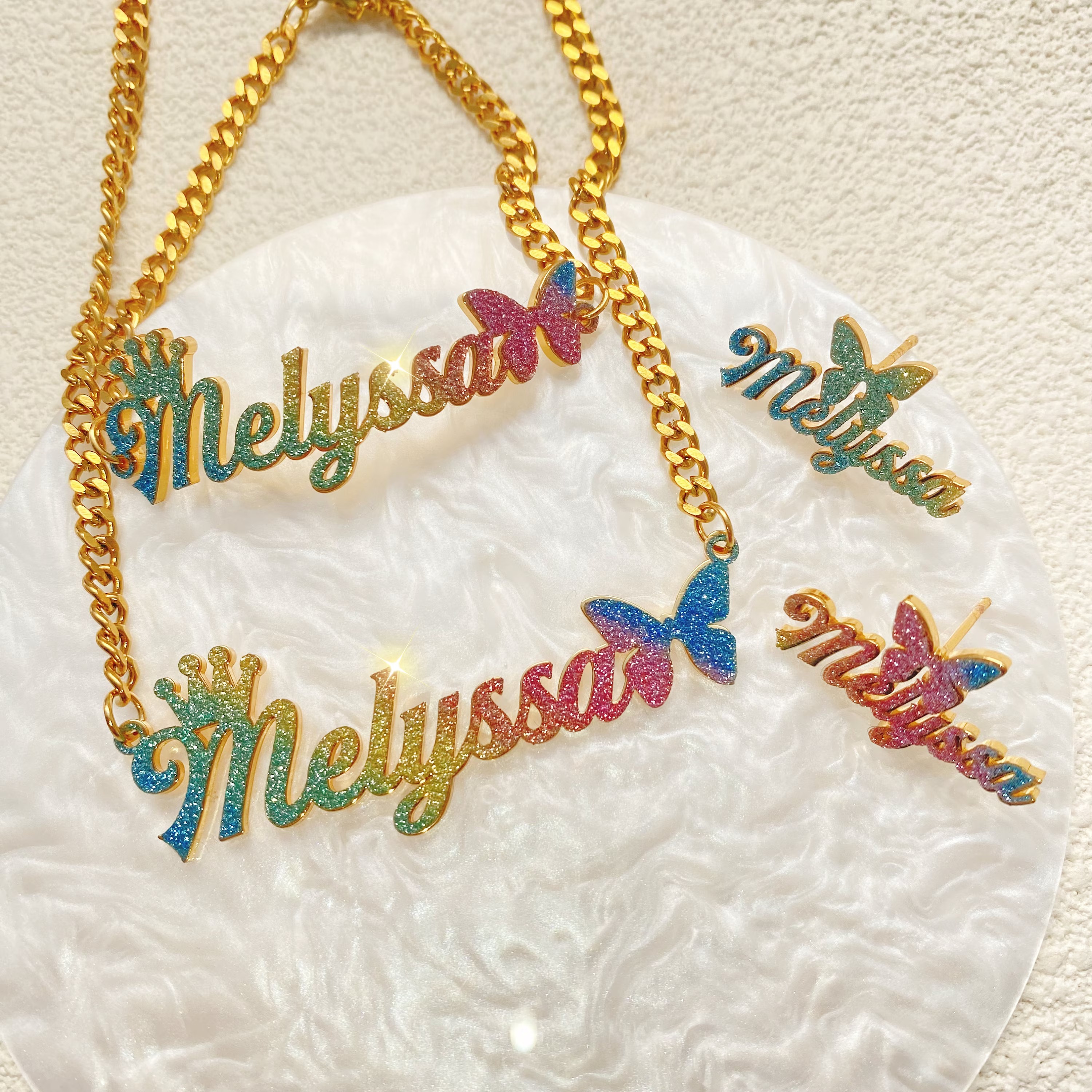 Personalized Baby Kids Bling Colorful Jewelry Set Name Earrings & Necklace & Bracelet