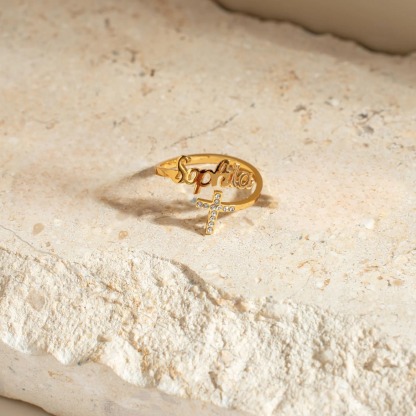 Personalized Cross Adjustable Name Ring 