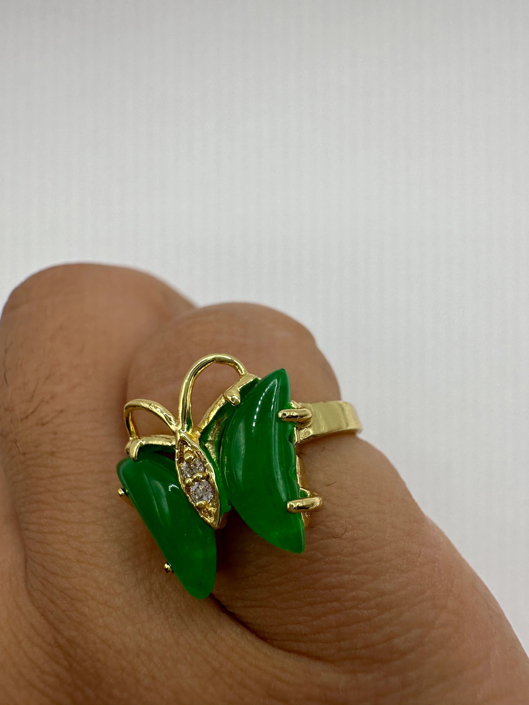 Vintage Gold Green Jade Butterfly Lucky Cocktail Ring