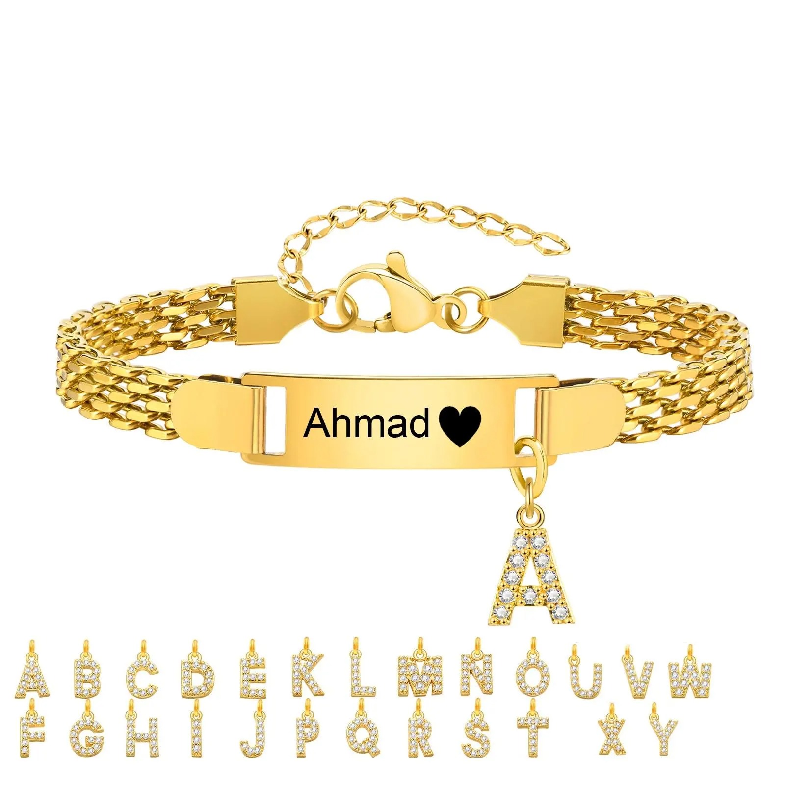 Engraved Gold Bar Name Couple Initial Bracelet
