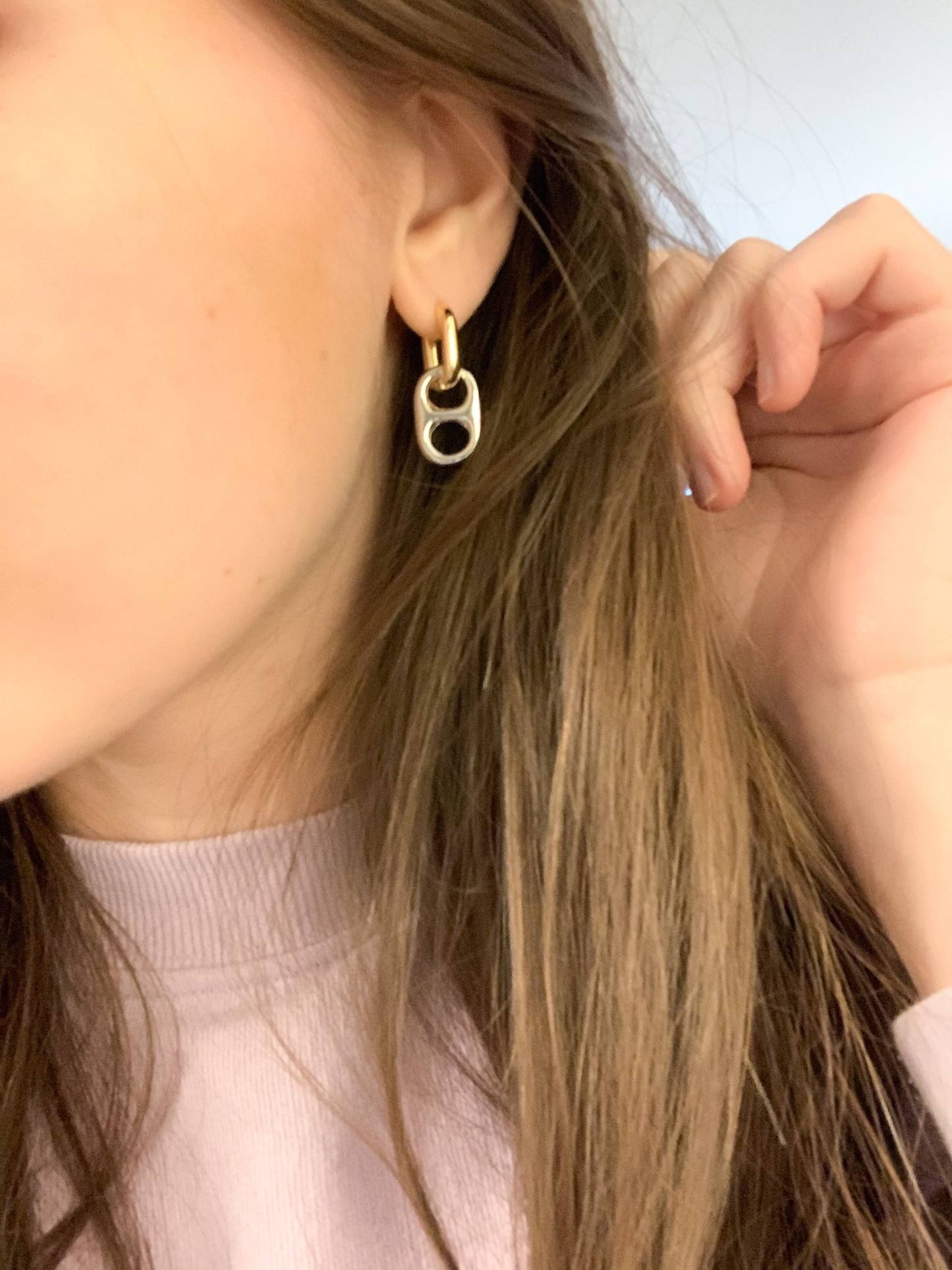 Gold Plated Oval Tube Huggie Hoops with Removable Soda Pop Tab Charms Earrings