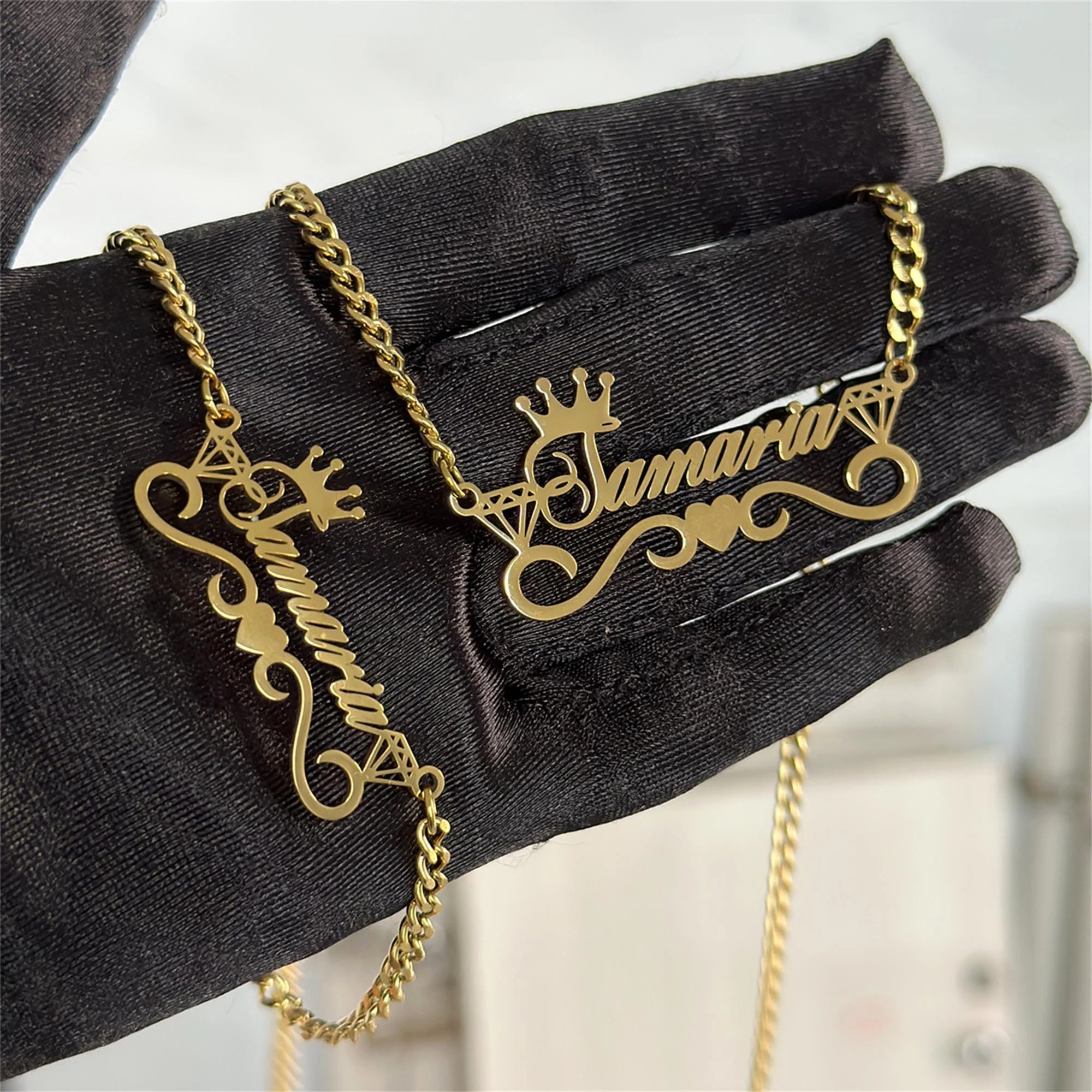 Gold Plated Personalized Heart Crown Name Necklace