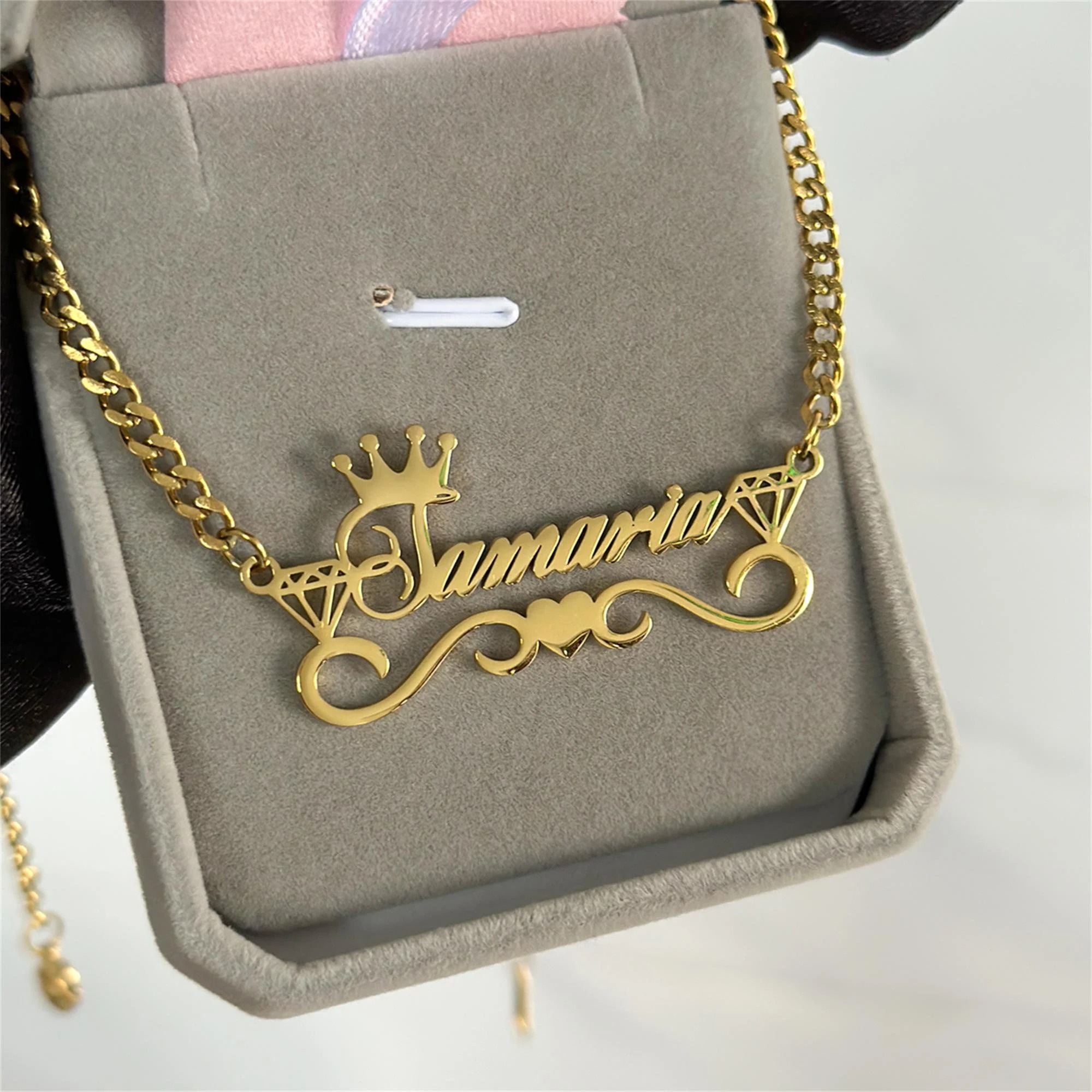 Gold Plated Personalized Heart Crown Name Necklace