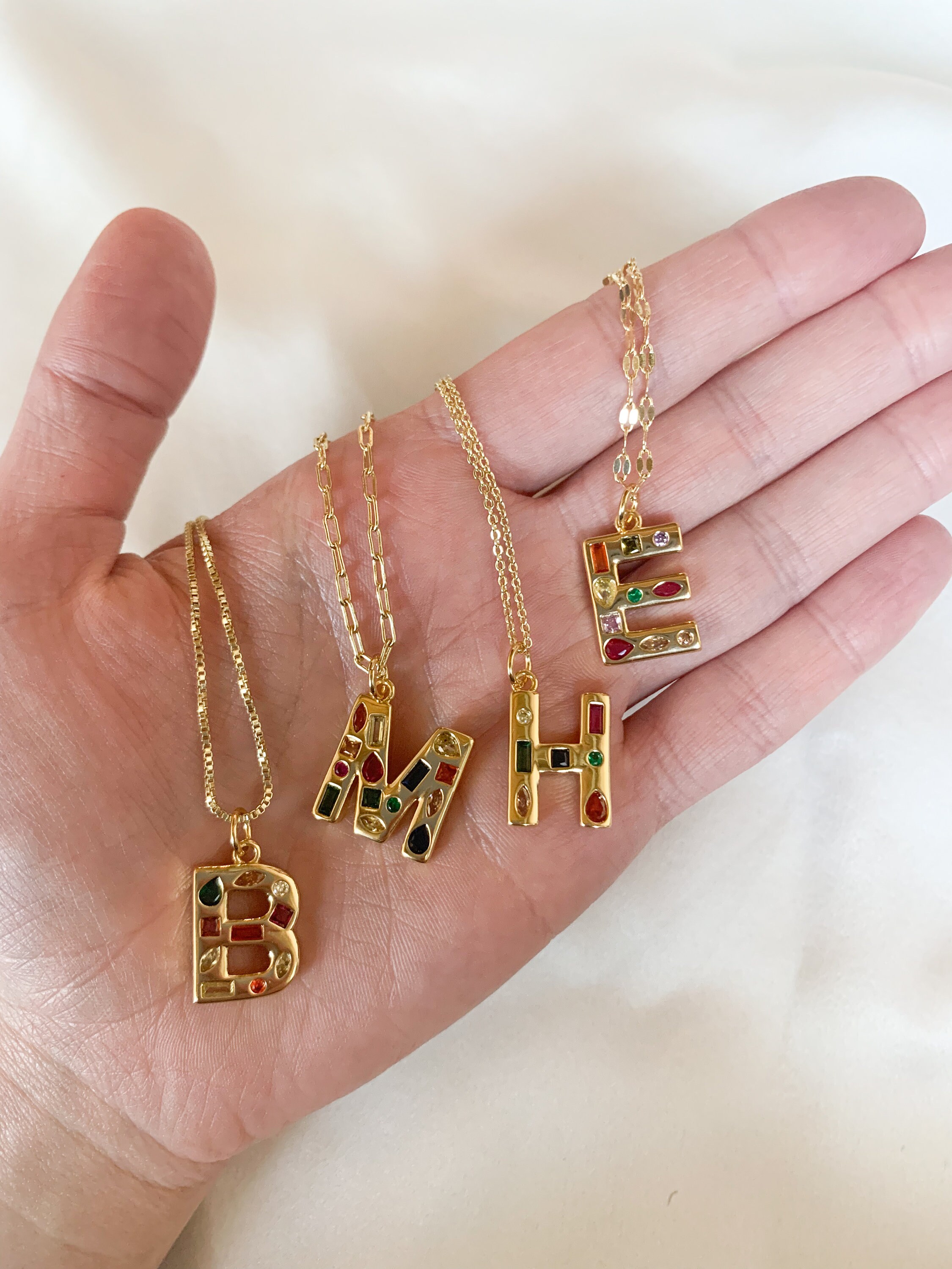 Multi-Color Rainbow CZ Gemstones Initial Letter Necklace