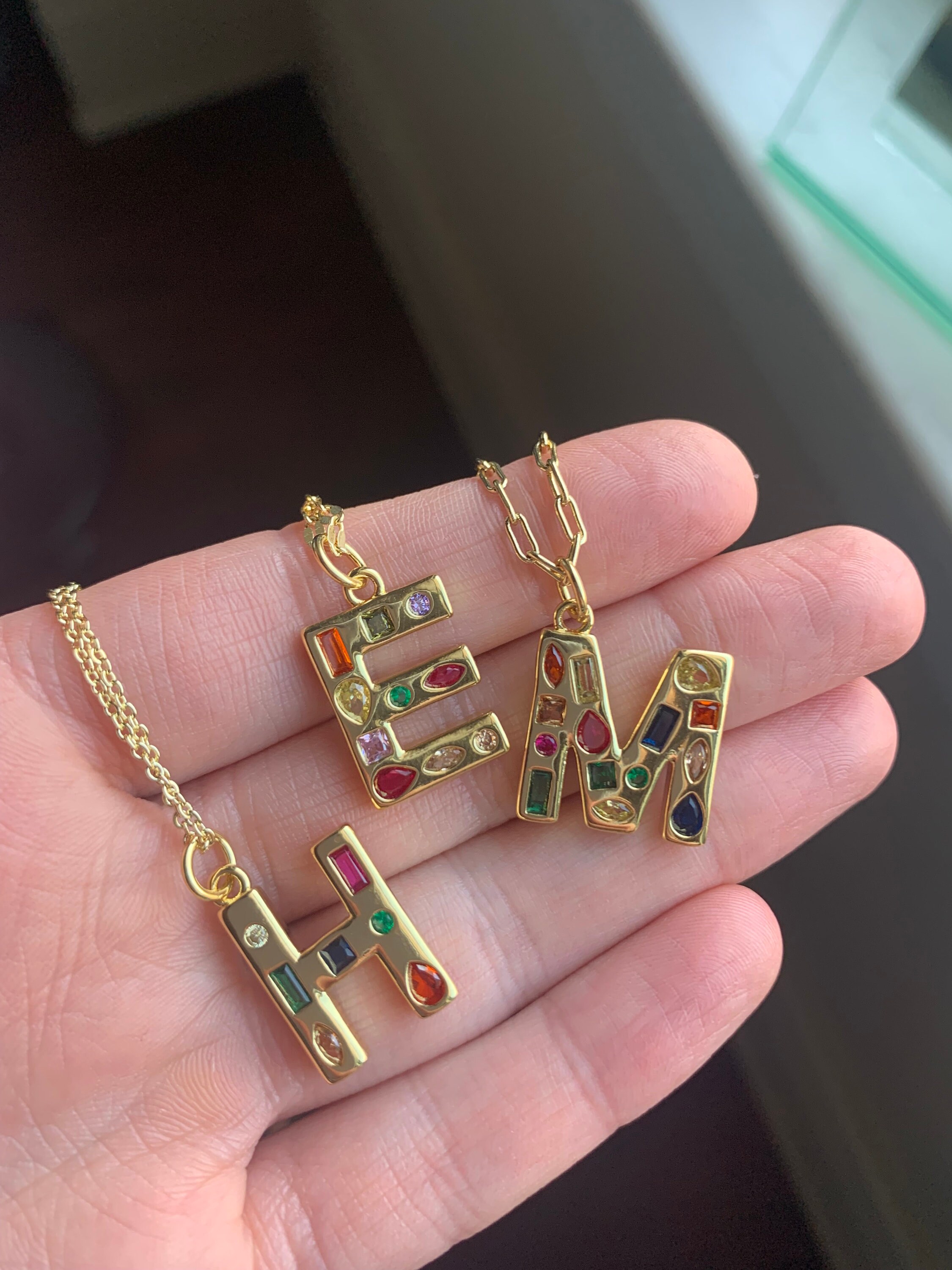 Multi-Color Rainbow CZ Gemstones Initial Letter Necklace