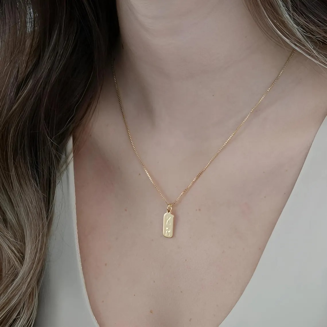 Two Initial Vertical Rectangular Name Pendant Necklace Valentines Couple Gift 