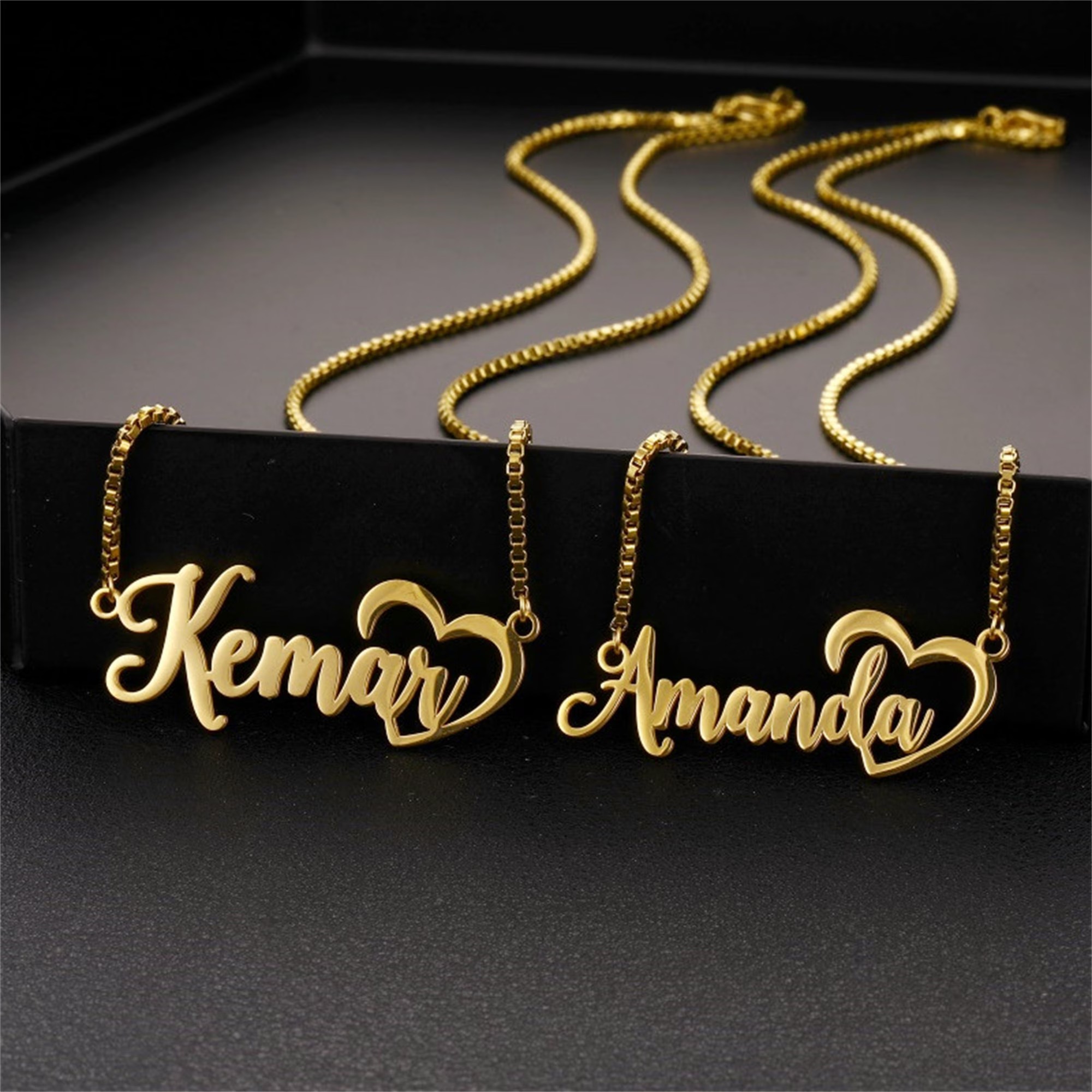 Gold Plated Personalized Heart Name Necklace with Box Chain