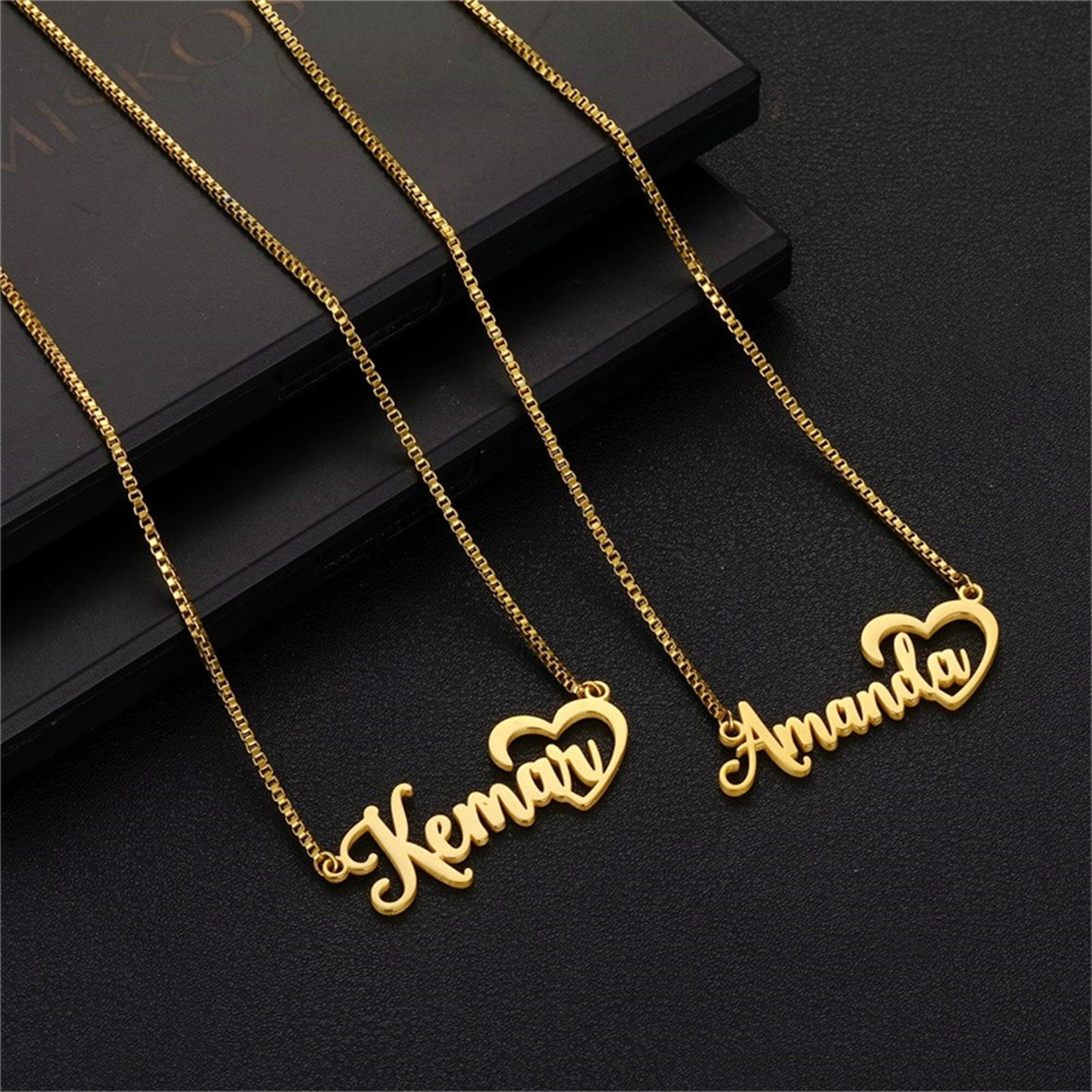 Gold Plated Personalized Heart Name Necklace with Box Chain