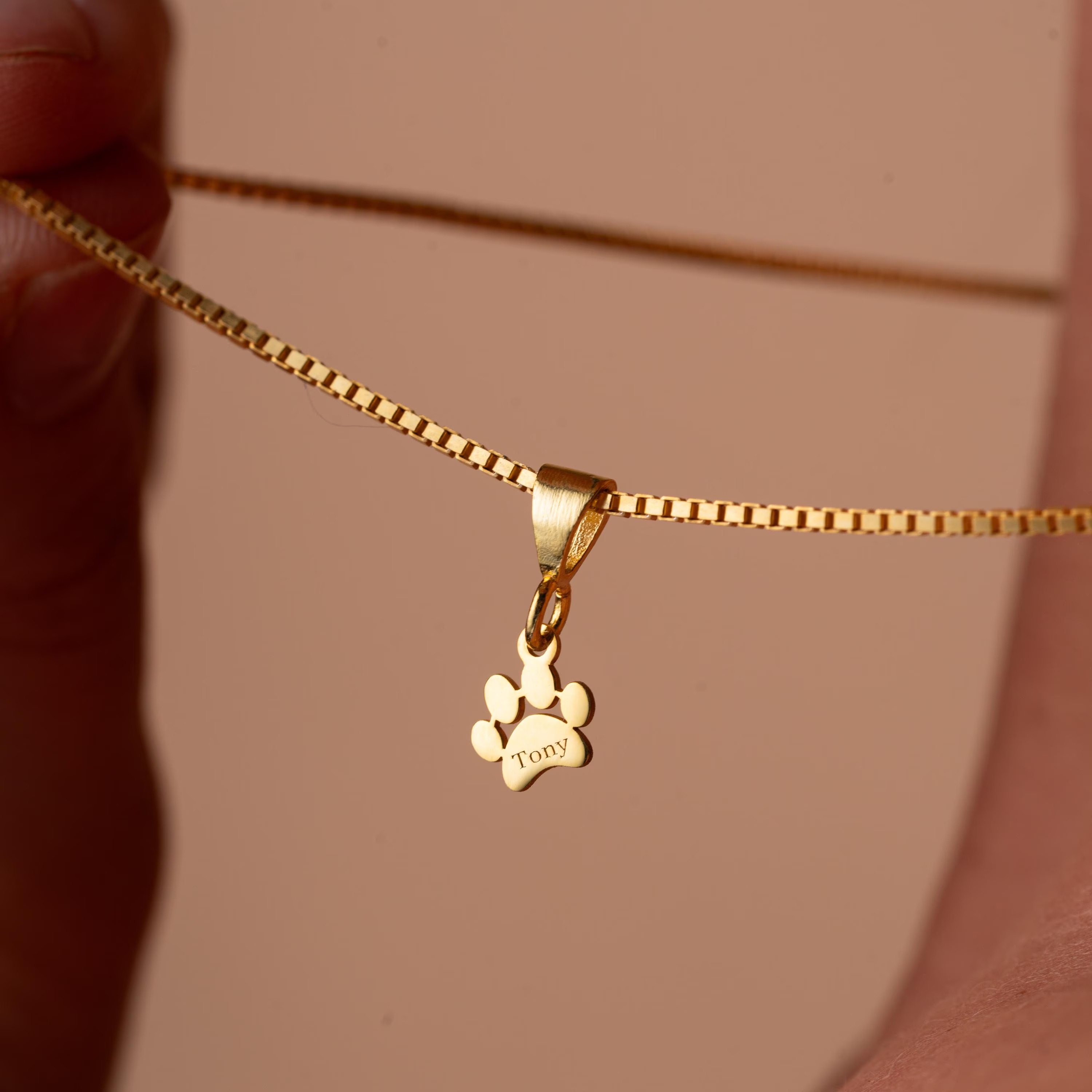 Gold Plated Engraved Paw Print Name Necklace