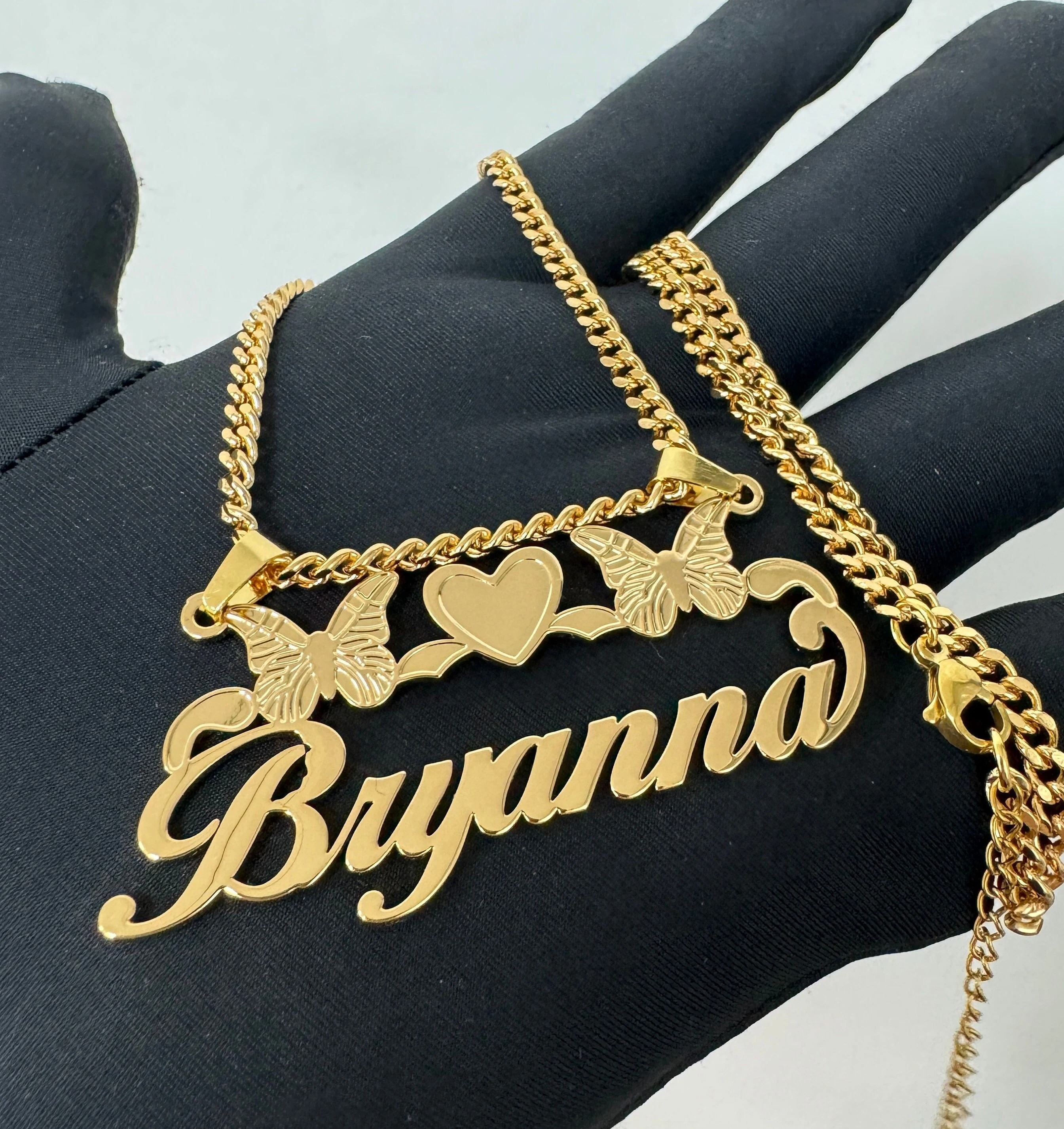 Gold Personalized Buttlefly Heart Name Necklace