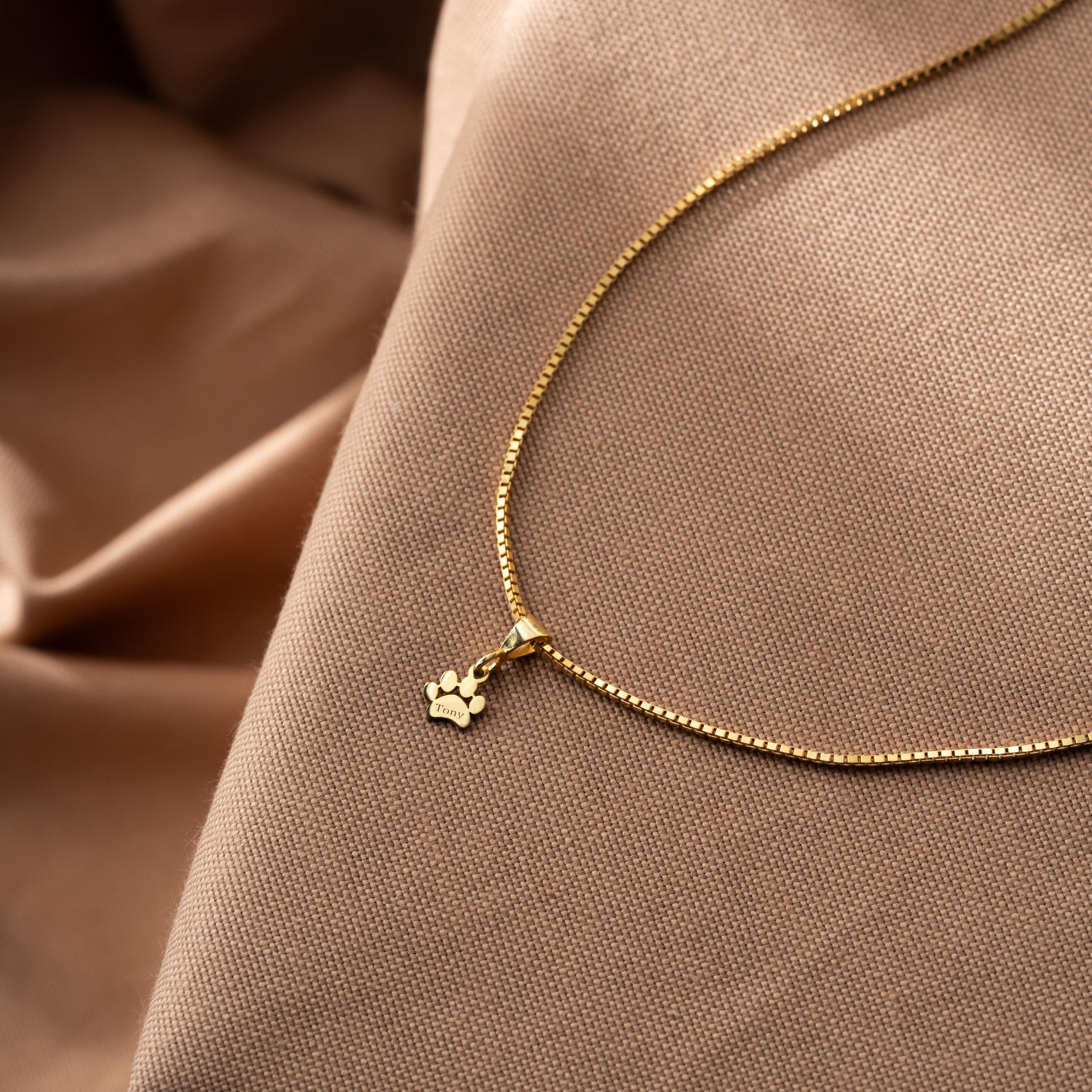 Gold Plated Engraved Paw Print Name Necklace