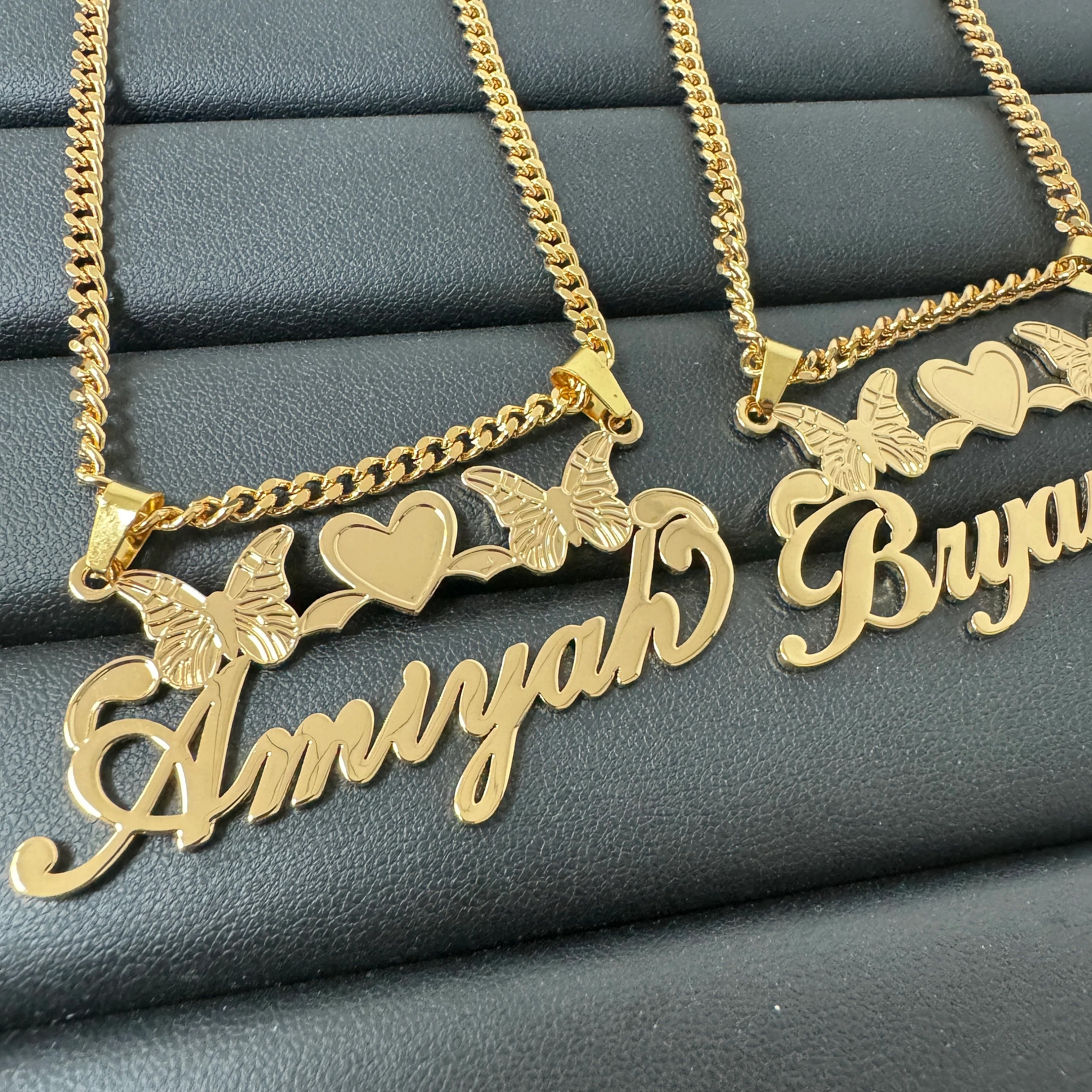 Gold Personalized Buttlefly Heart Name Necklace