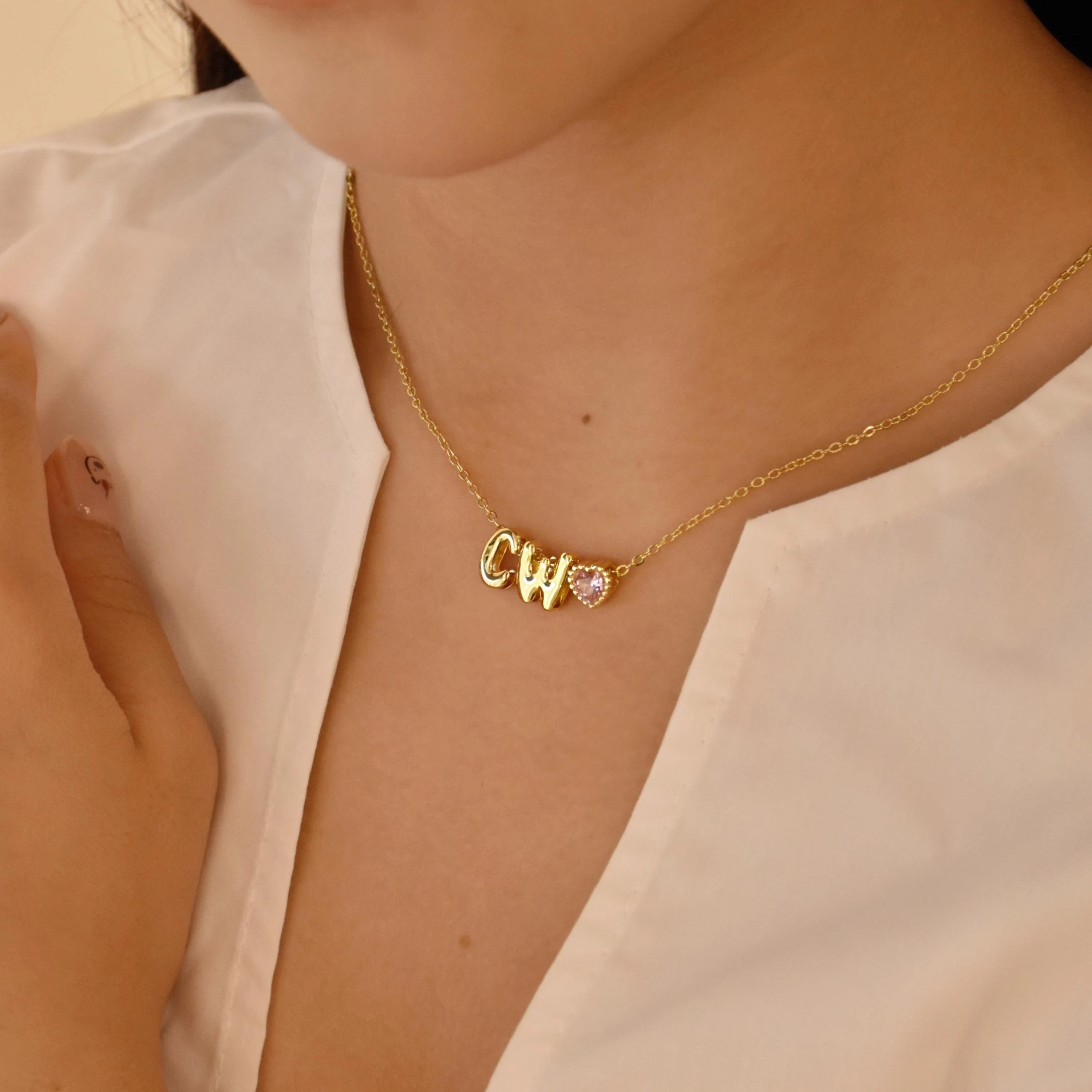 3D Bubble Initial Birthstone Name Necklace