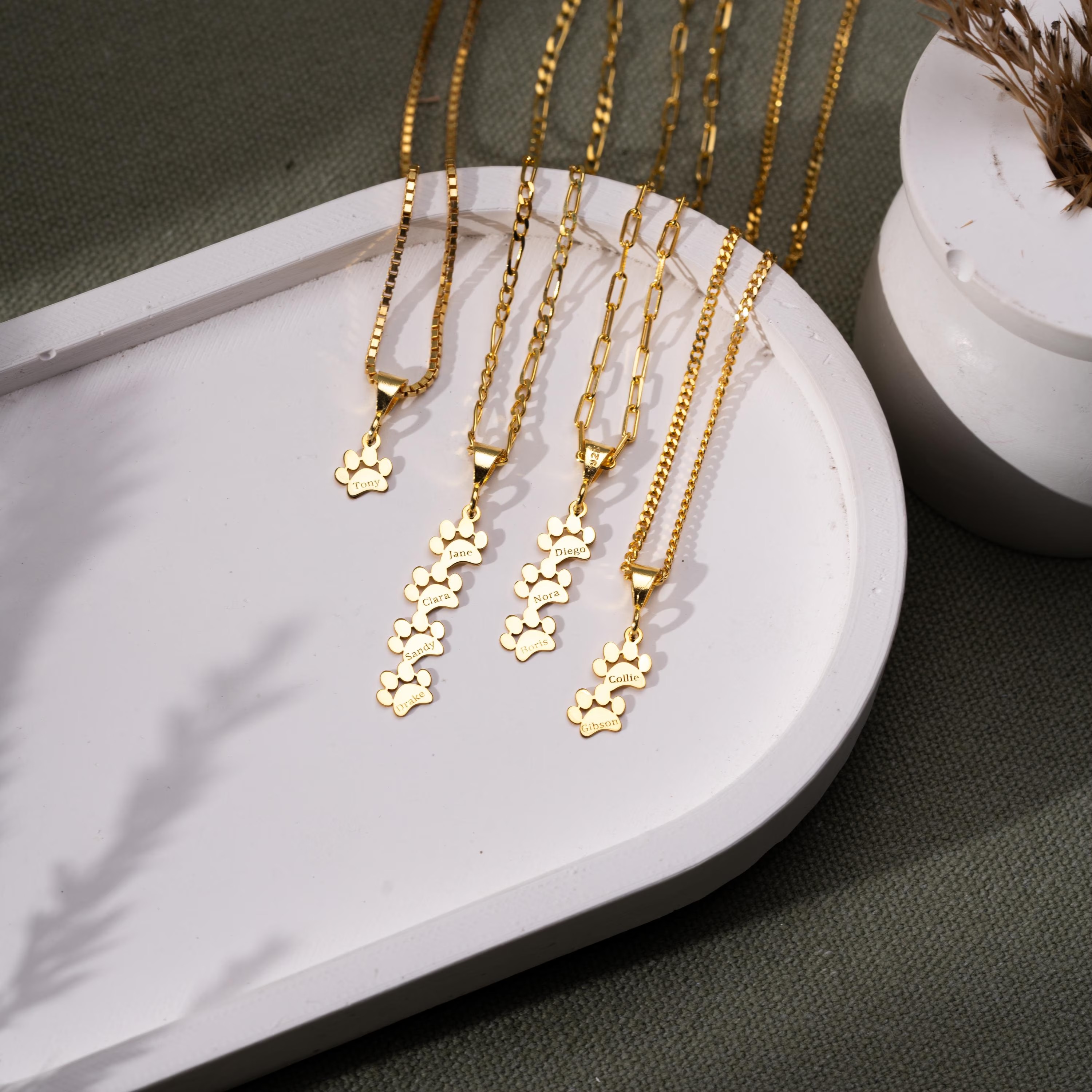 Gold Plated Engraved Paw Print Name Necklace