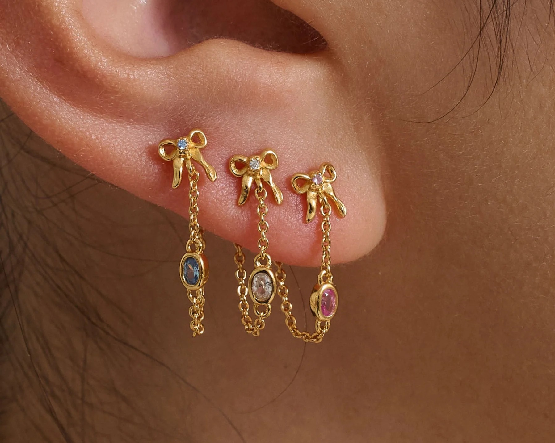 Personalized Bow Oval Birthstone Earrings