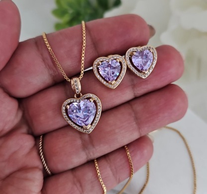 CZ Heart Birthstone Earrings & Necklace Set