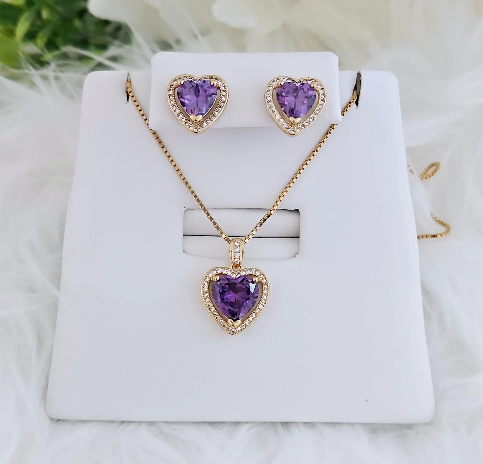 CZ Heart Birthstone Earrings & Necklace Set