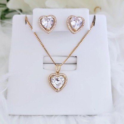 CZ Heart Birthstone Earrings & Necklace Set