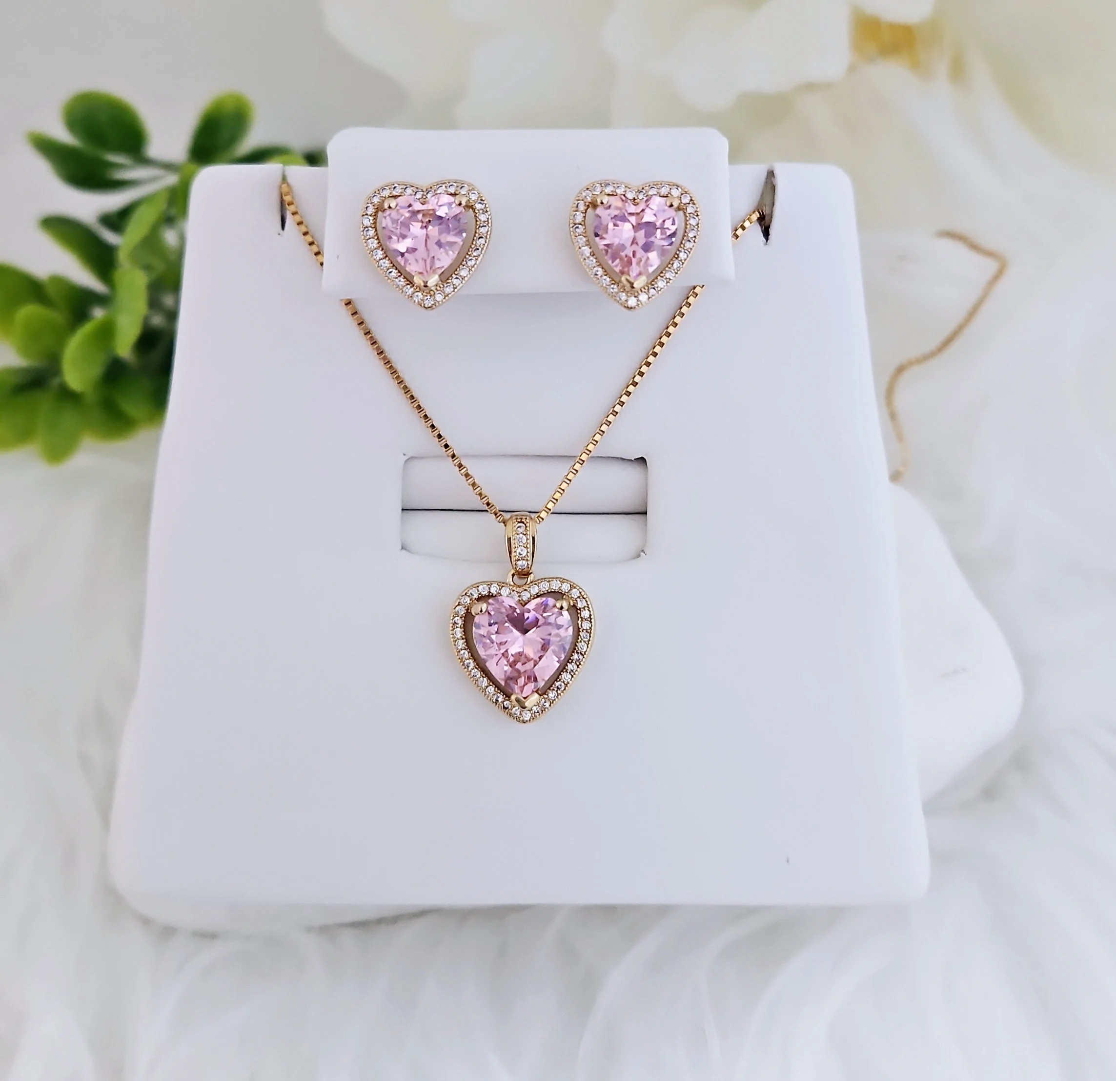CZ Heart Birthstone Earrings & Necklace Set