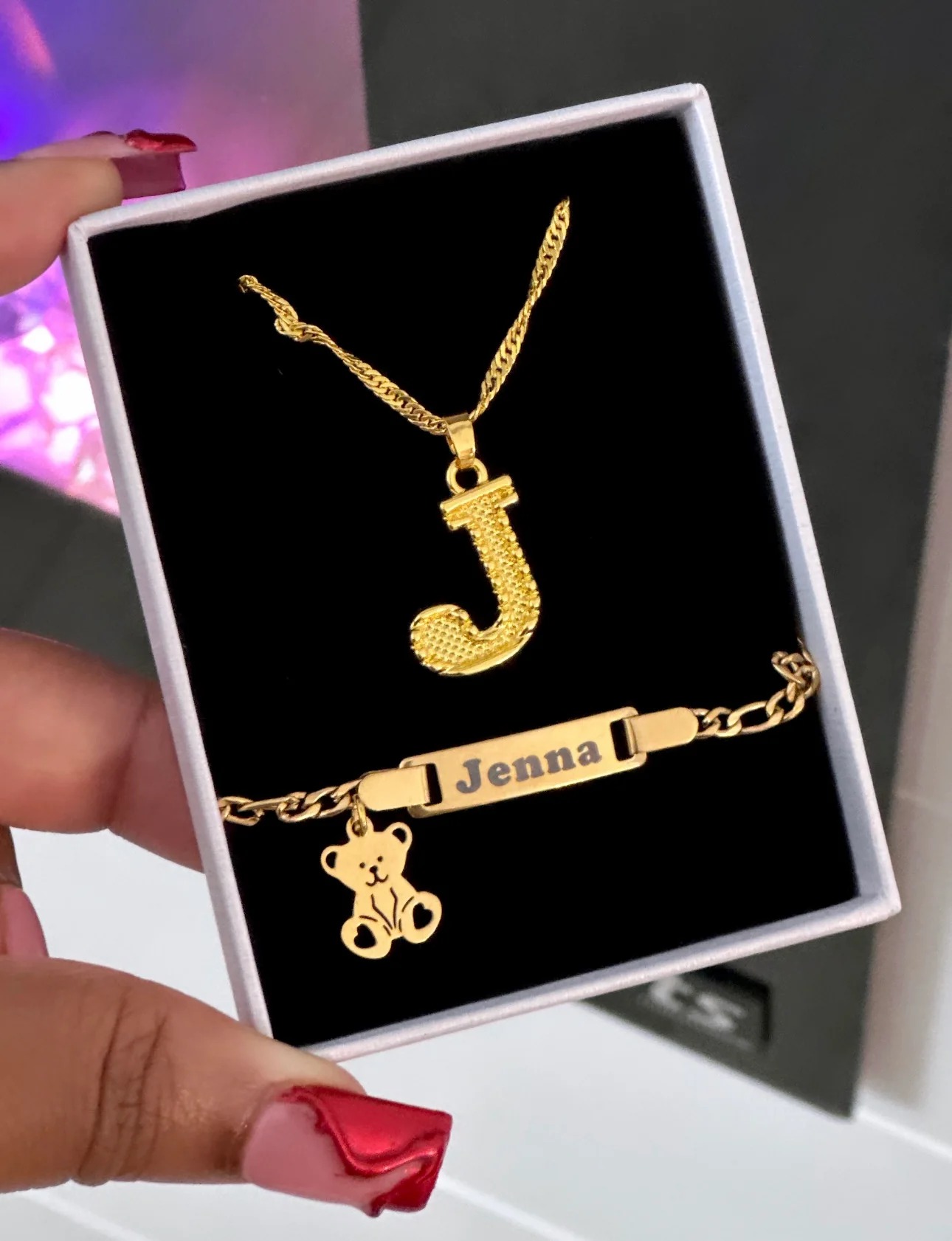 Gold Plated Bear Initial Custom Necklace & Bracelet Jewelry Set