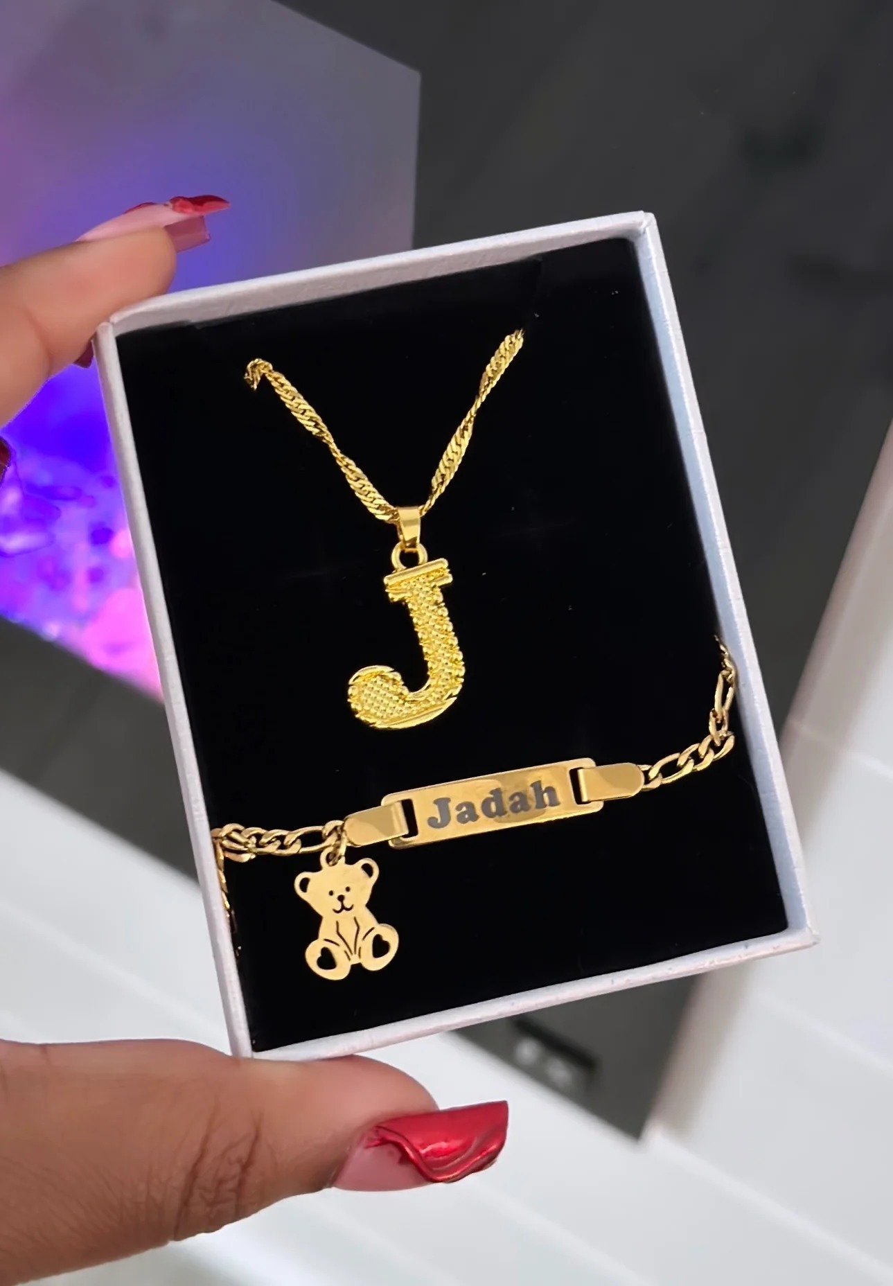Gold Plated Bear Initial Custom Necklace & Bracelet Jewelry Set