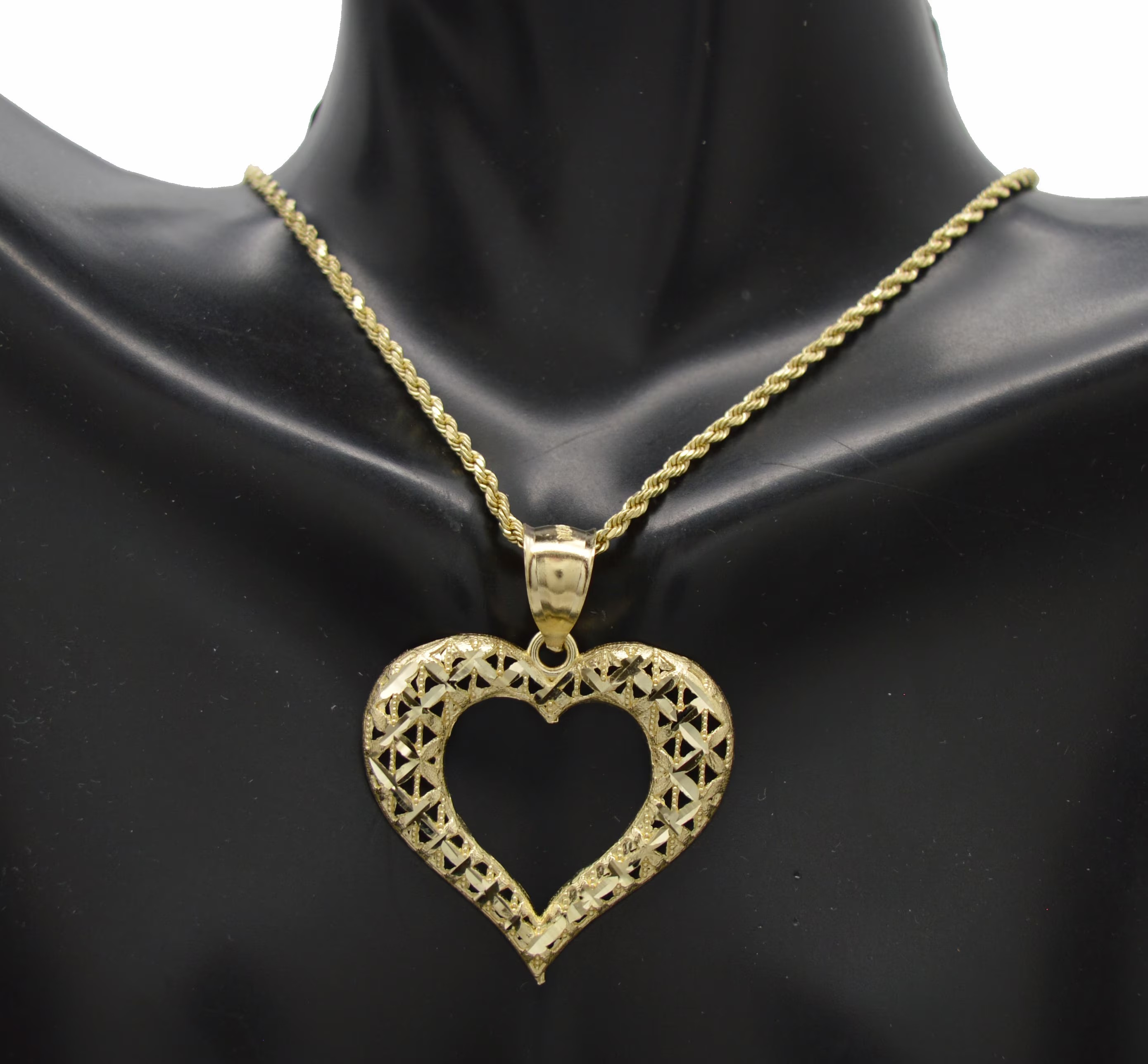 Gold Plated Diamond Cut Heart Pendant Rope Chain