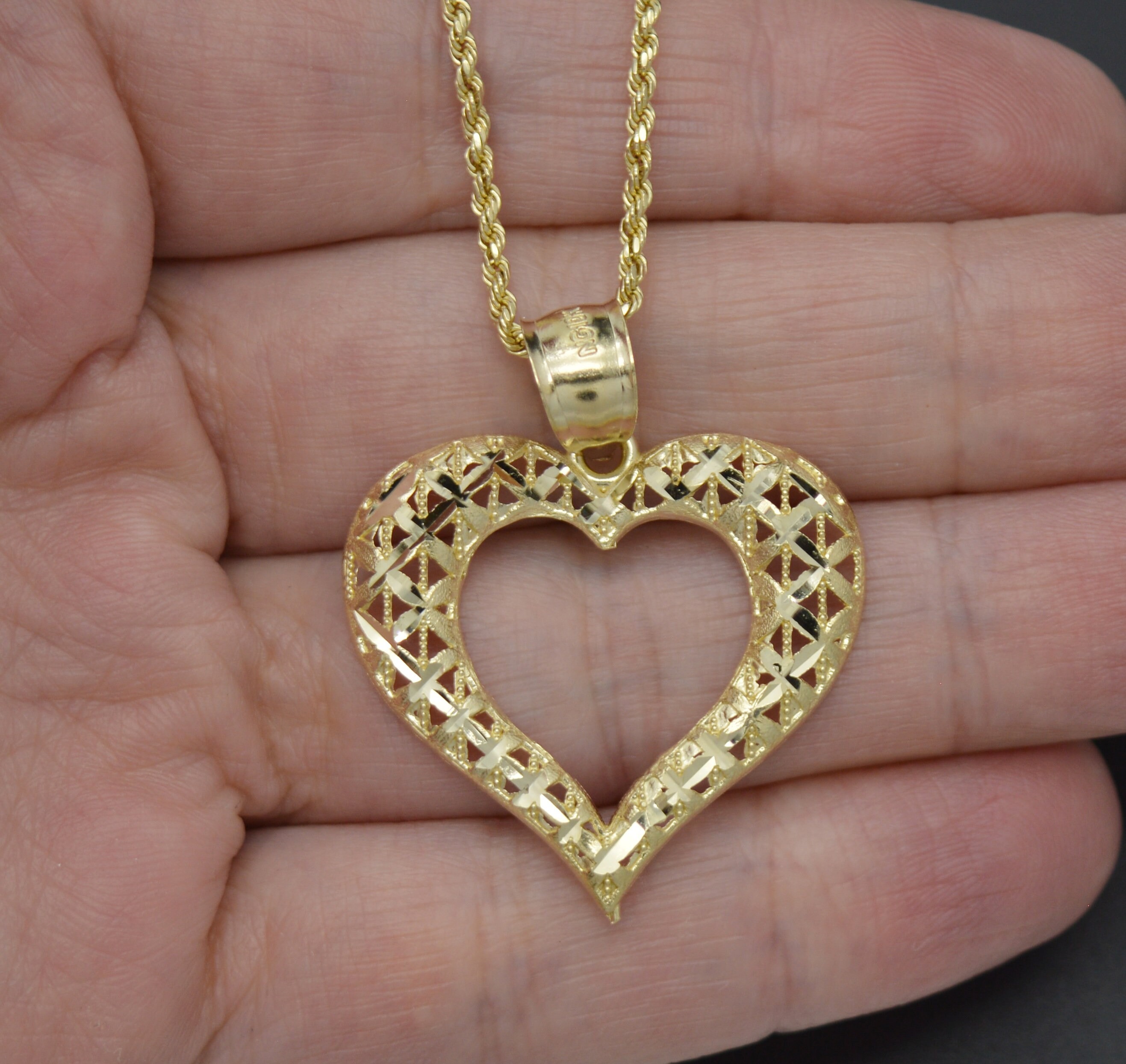 Gold Plated Diamond Cut Heart Pendant Rope Chain