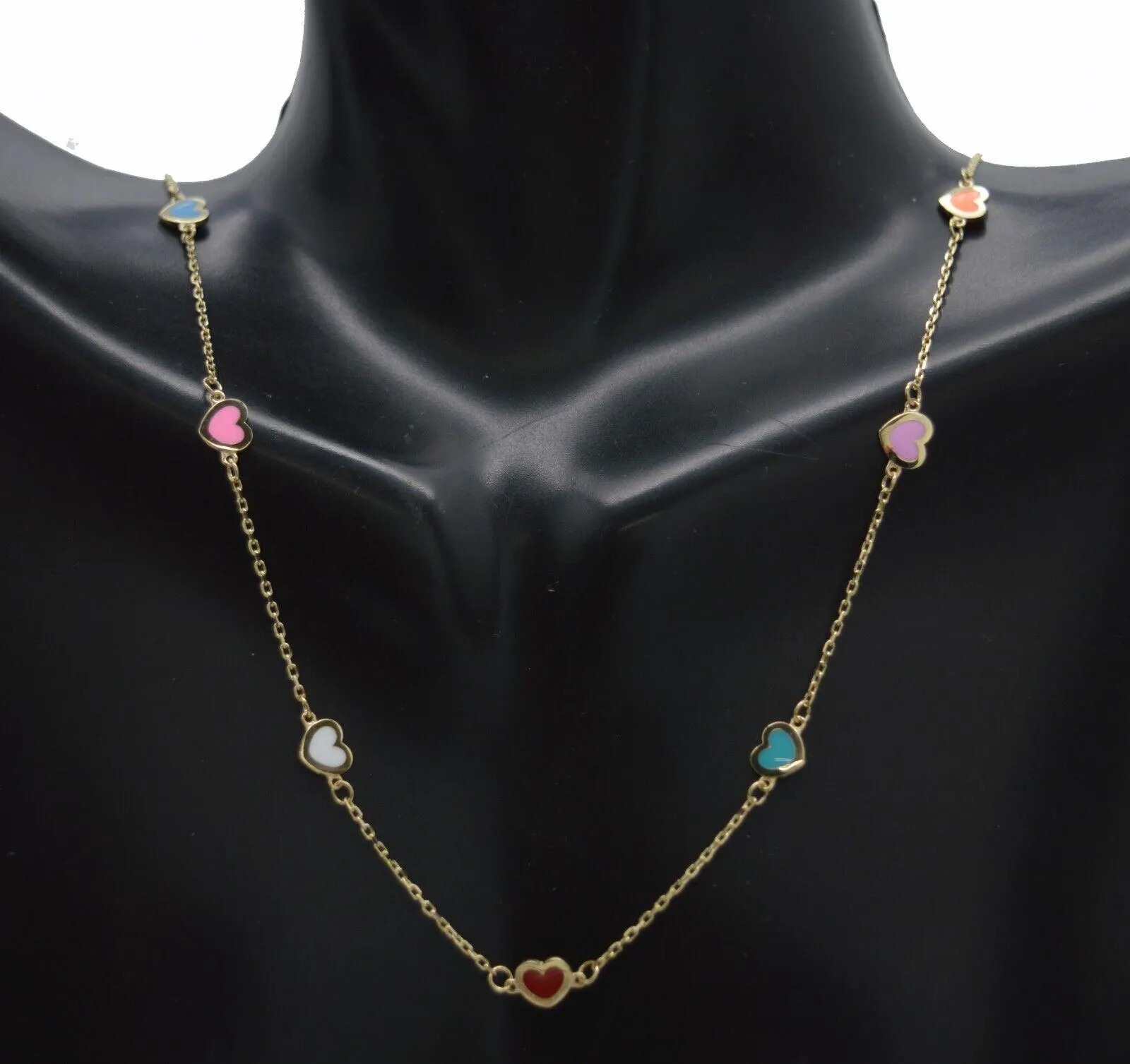 Gold Plated Shiny Multicolor Enamel Hearts Charm Necklace