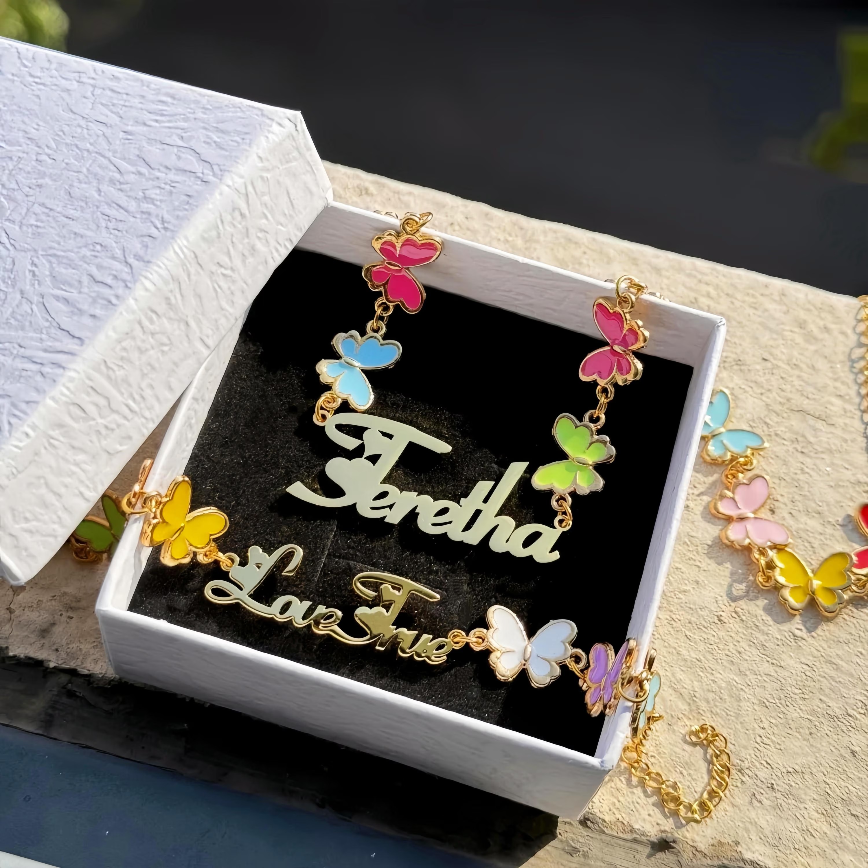 Colorful Butterfly Name Jewelry Set Name Necklace And Bracelet For Kids