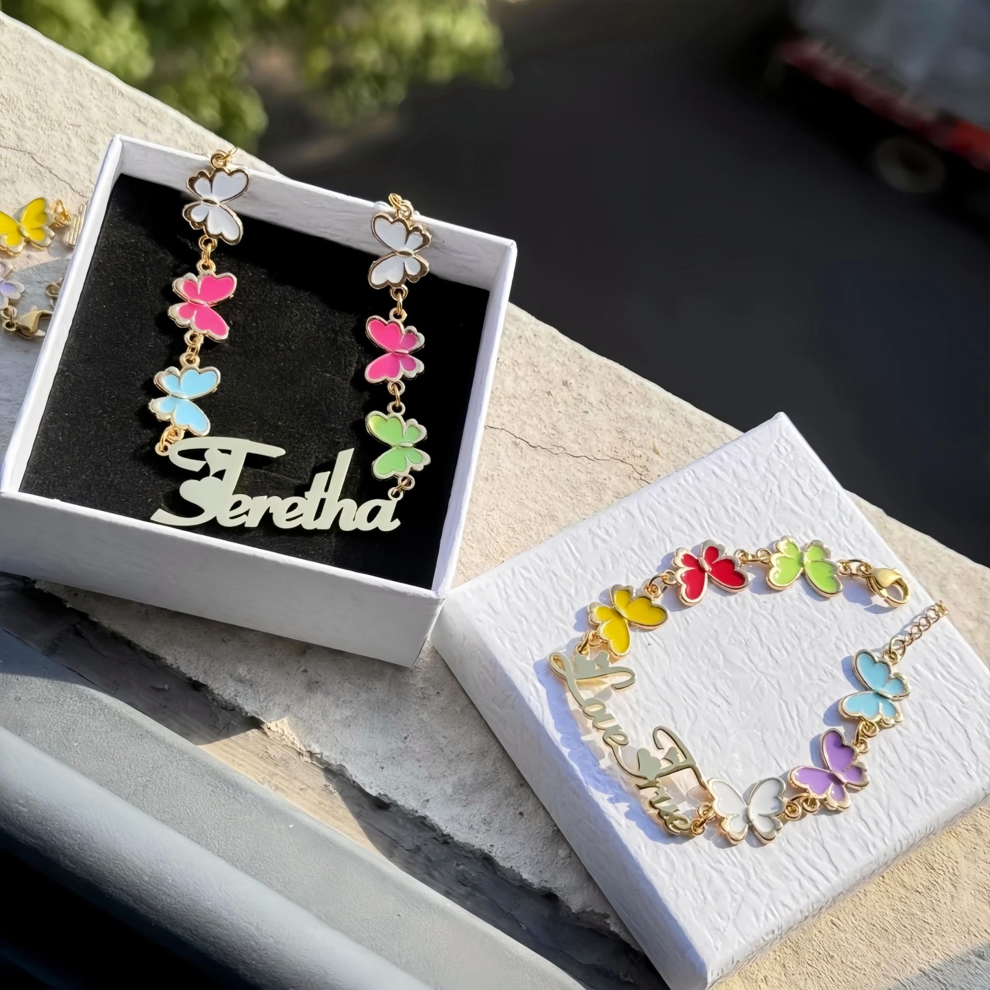 Colorful Butterfly Name Jewelry Set Name Necklace And Bracelet For Kids