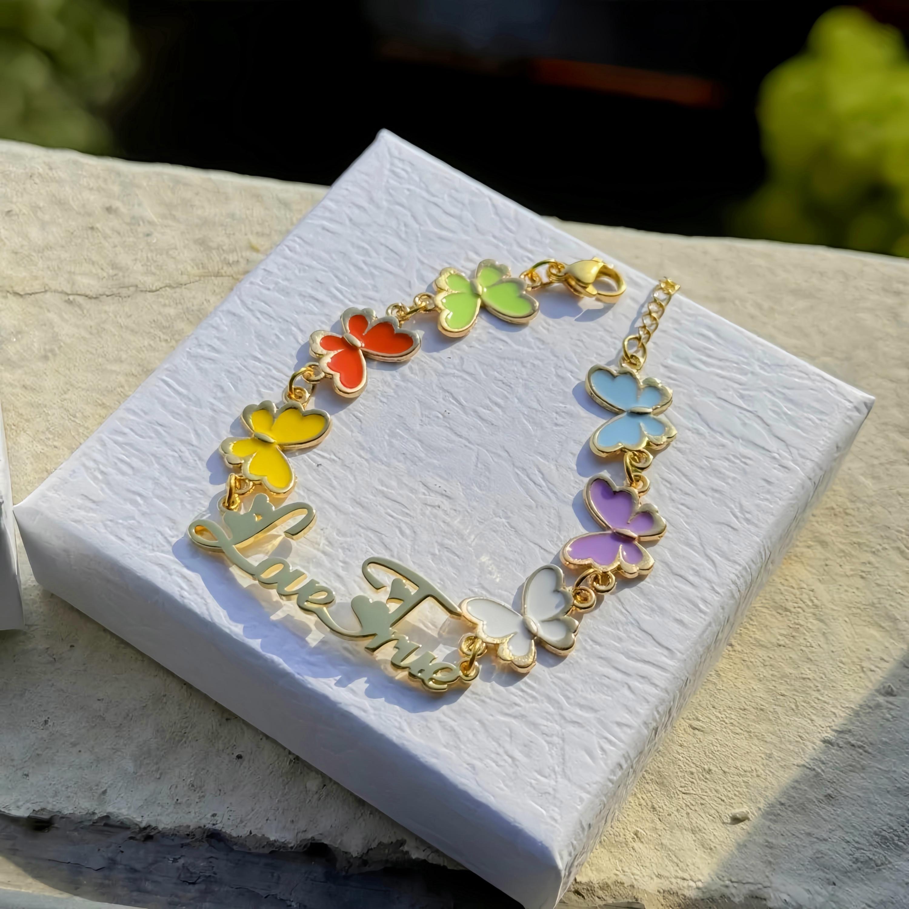 Colorful Butterfly Name Jewelry Set Name Necklace And Bracelet For Kids