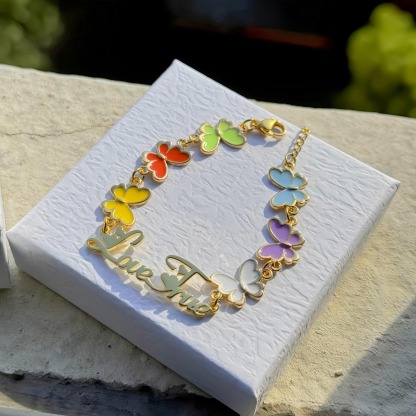 Colorful Butterfly Name Jewelry Set Name Necklace And Bracelet For Kids