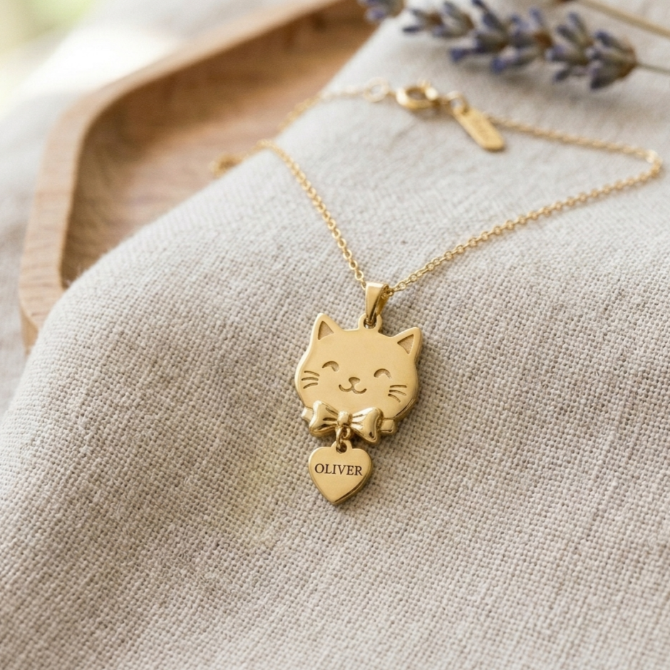 Personalized Ribbon Kitty Heart Pendant with Engraving Name Necklace
