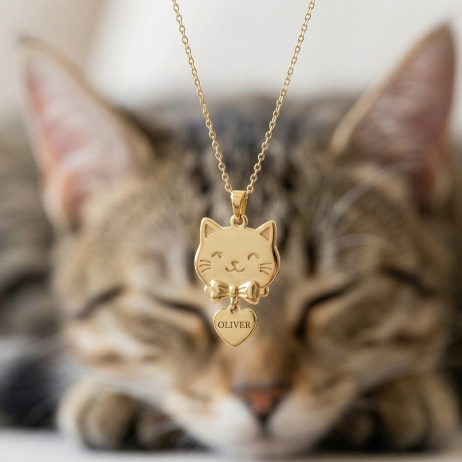 Personalized Ribbon Kitty Heart Pendant with Engraving Name Necklace