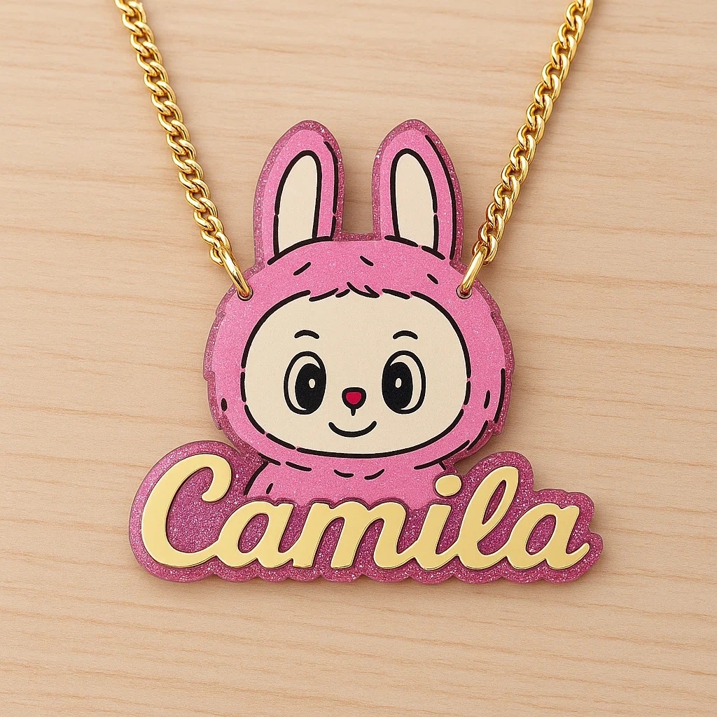 Personalized Acrylic Pink Animal Cartoon Nameplate Necklace Cute Bunny