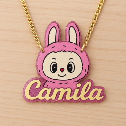 Personalized Acrylic Pink Animal Cartoon Nameplate Necklace Cute Bunny