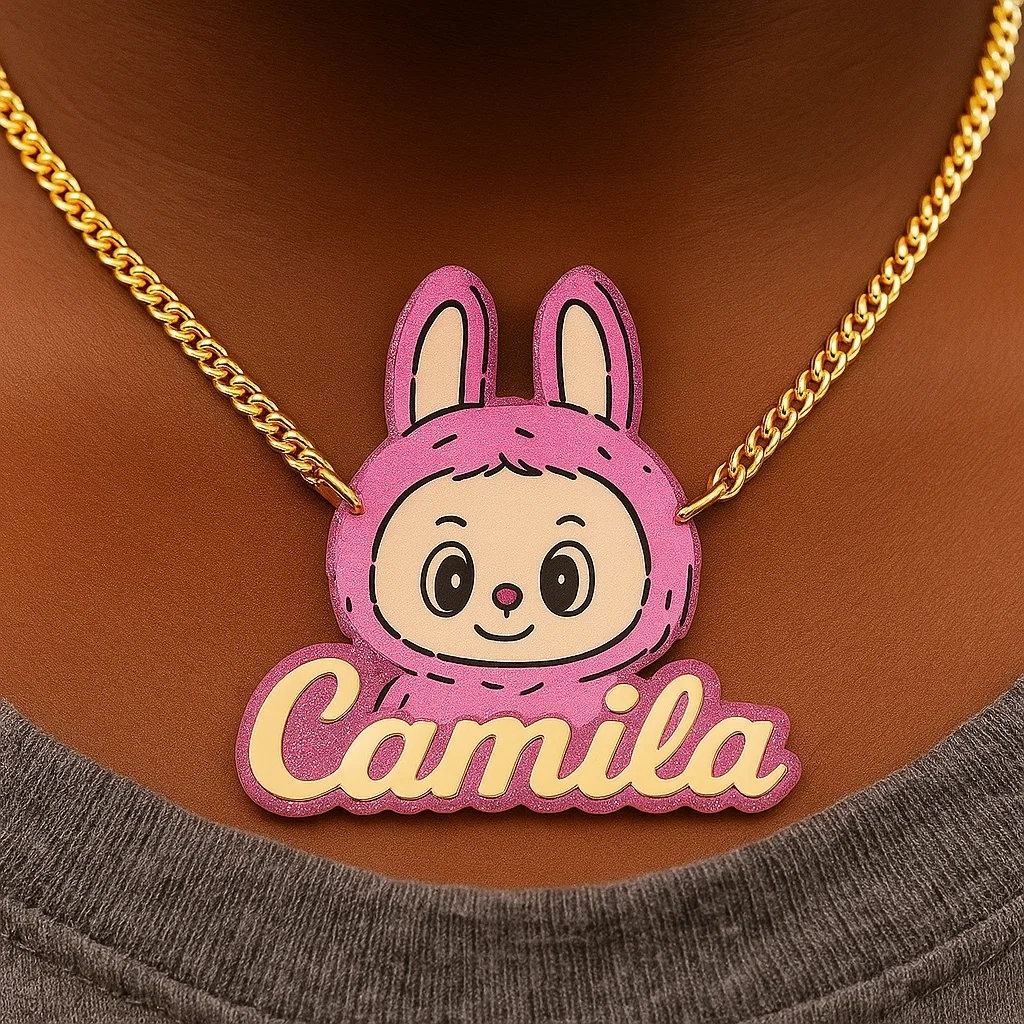 Personalized Acrylic Pink Animal Cartoon Nameplate Necklace Cute Bunny
