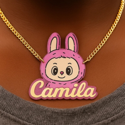 Personalized Acrylic Pink Animal Cartoon Nameplate Necklace Cute Bunny