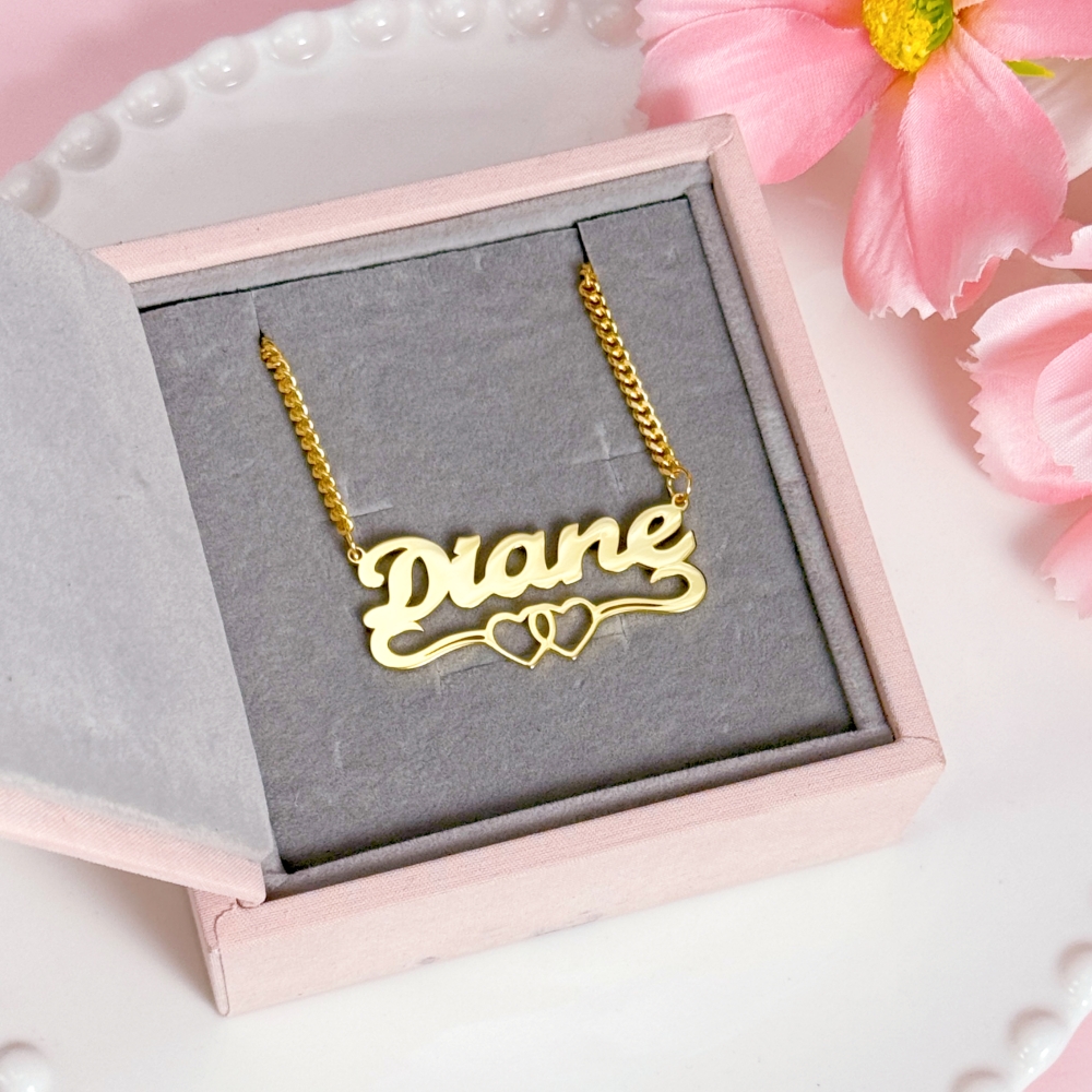 Gold Plated Personalized Double Hearts Nameplate Necklace